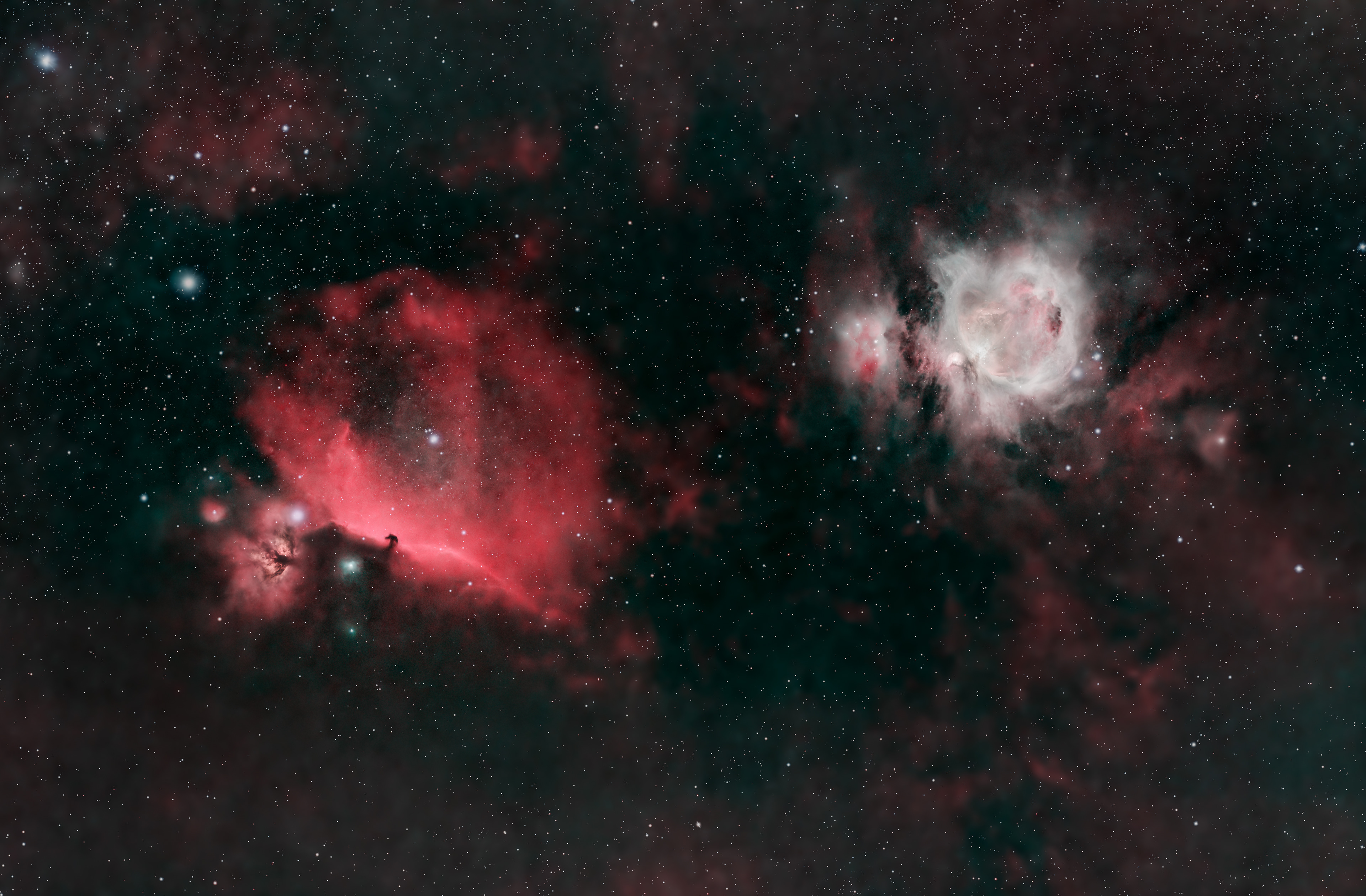 The Horsehead Nebula + The Orion Nebula Wide-field 🔭 Telescope: Redcat 51 📷 Camera: Nikon D780 🌀 Mount: EQM-35 Pro 🎯 Filters: Optolong L-eXtreme 🕒 Exposure: 60s per sub, total 2h  Close up: 🔭 Telescope: Celestron EdgeHD 8" 📷 Camera: ZWO ASI 533MC Pro 🌀 Mount: NEQ6 Pro 🎯 Filters: Optolong L-eXtreme 🕒 Exposure: 60s per sub, total 2h (4 panels)