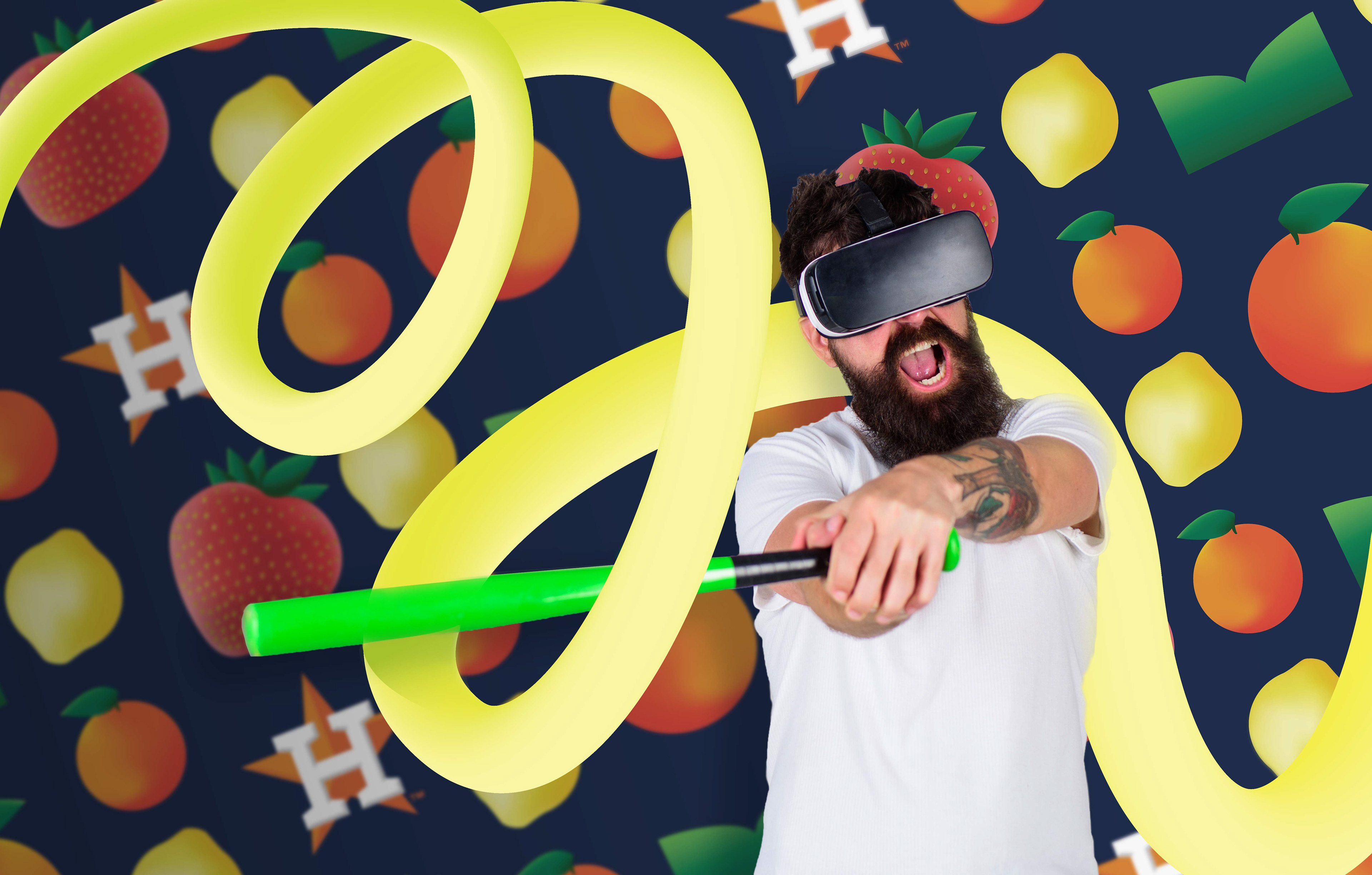 Man playing baseball VR game with Minute Maid brand elements