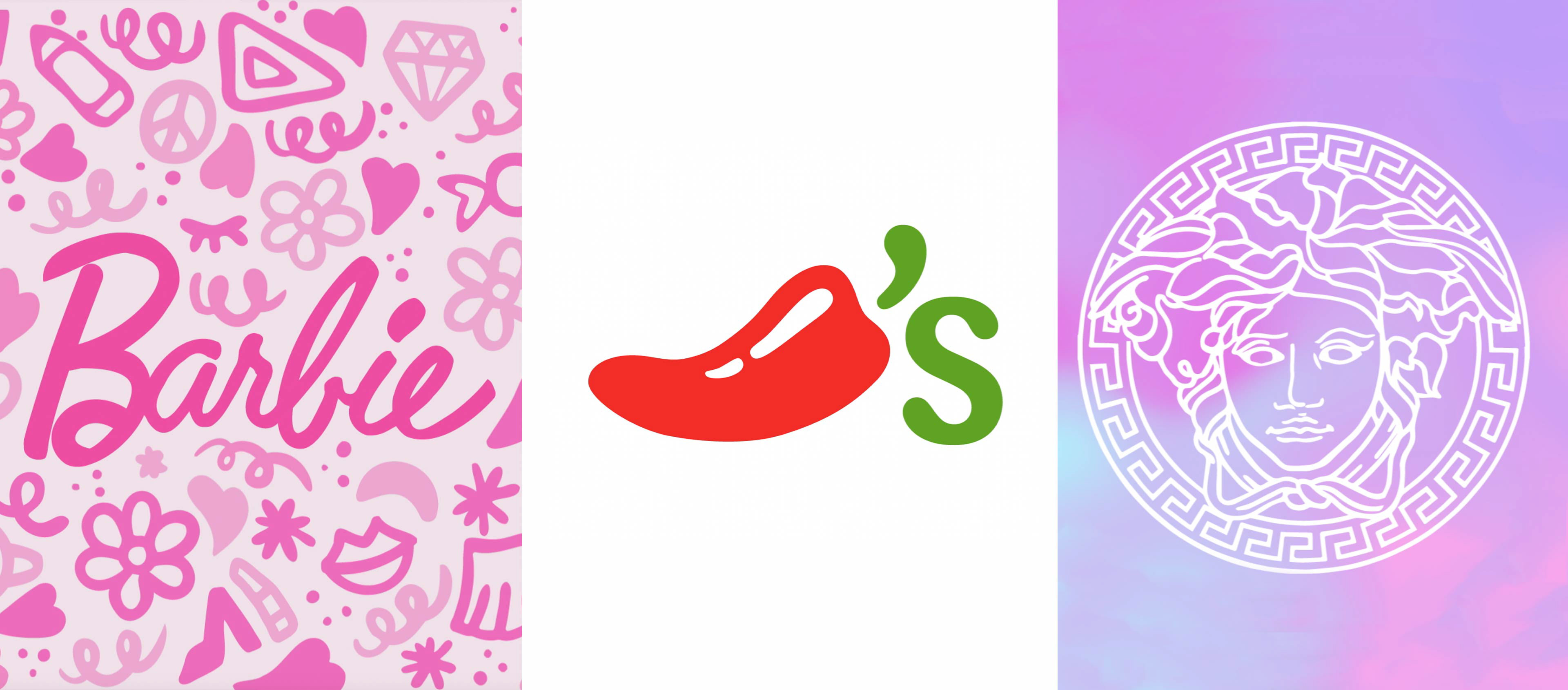 Collage of frames from Barbie, Chilli's and Versace's Logo animation