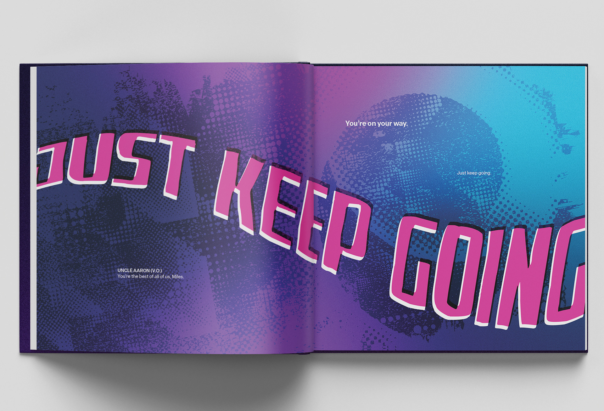 Spread from the book that says "just keep going"