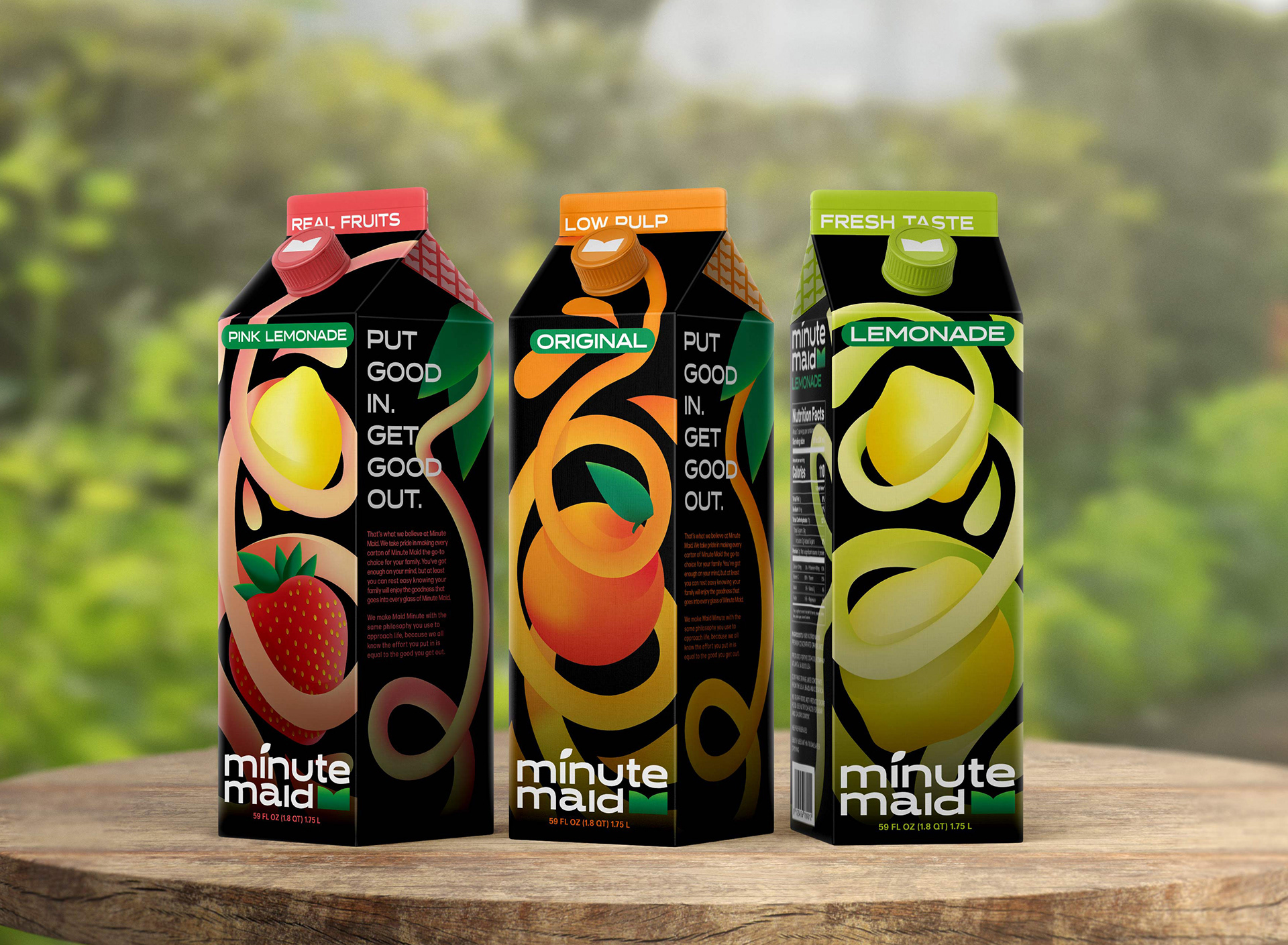 minute maid juice package for oink lemonade, original orange juice, and lemonade