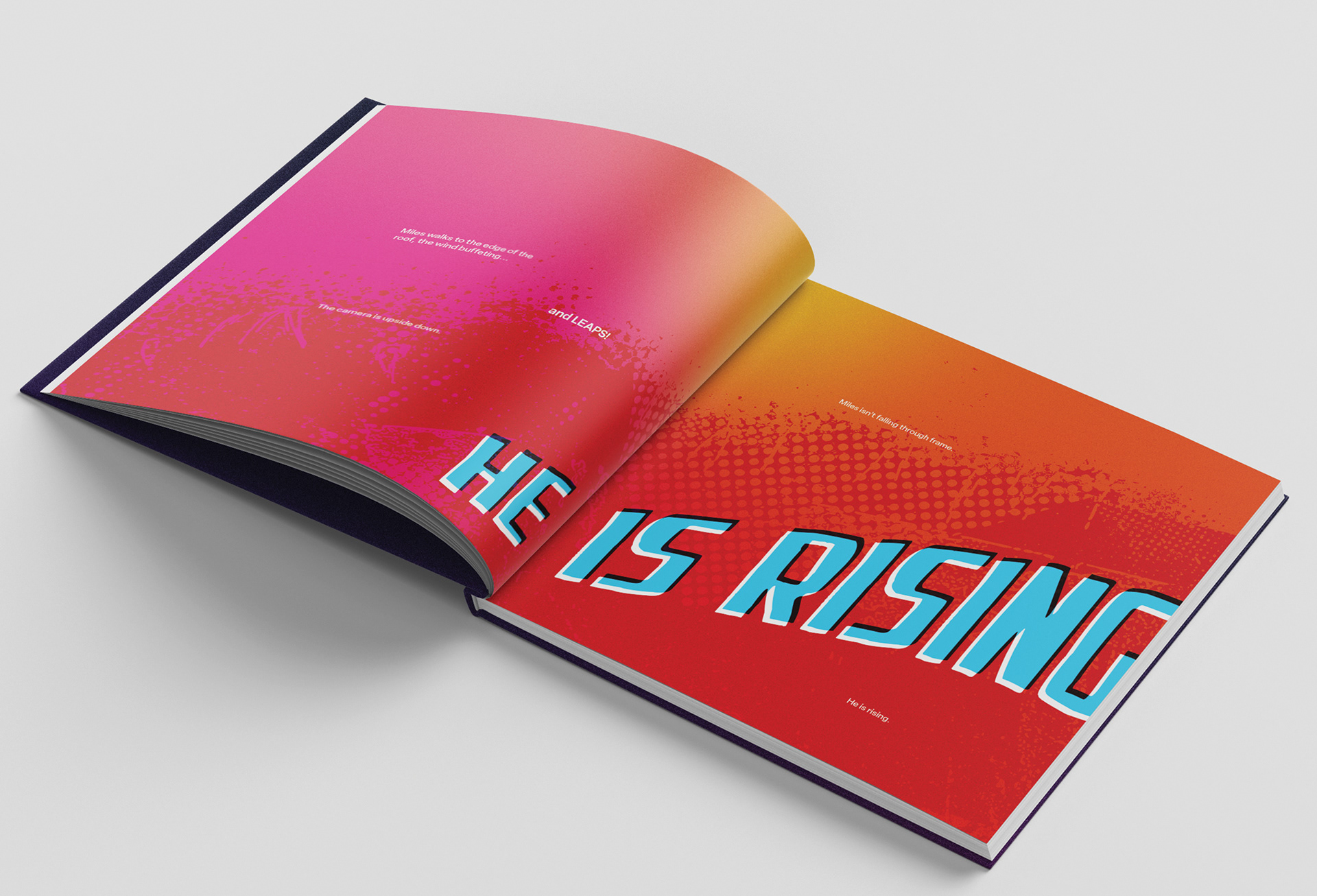 Spread from the book that says "he is rising"