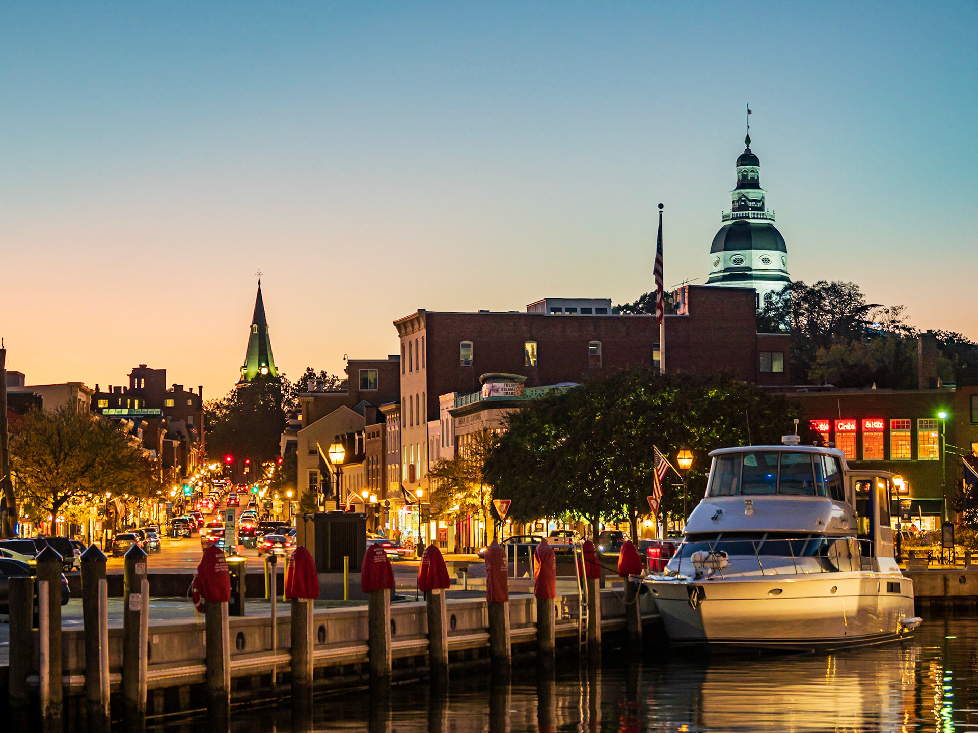 View of Ego Alley and Main St with St. Anne's Church and Maryland State House , Annapolis, Maryland