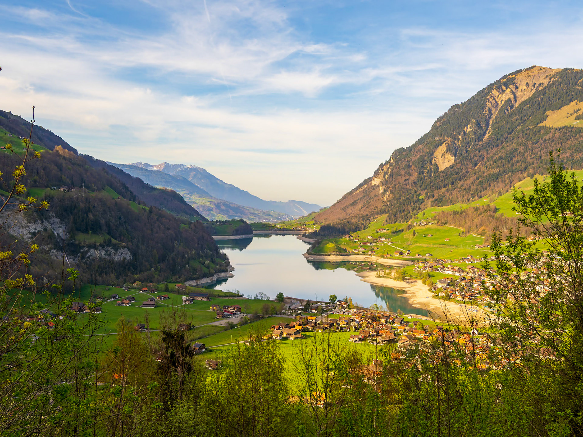 View of Lake Lungern and the village of Lungern