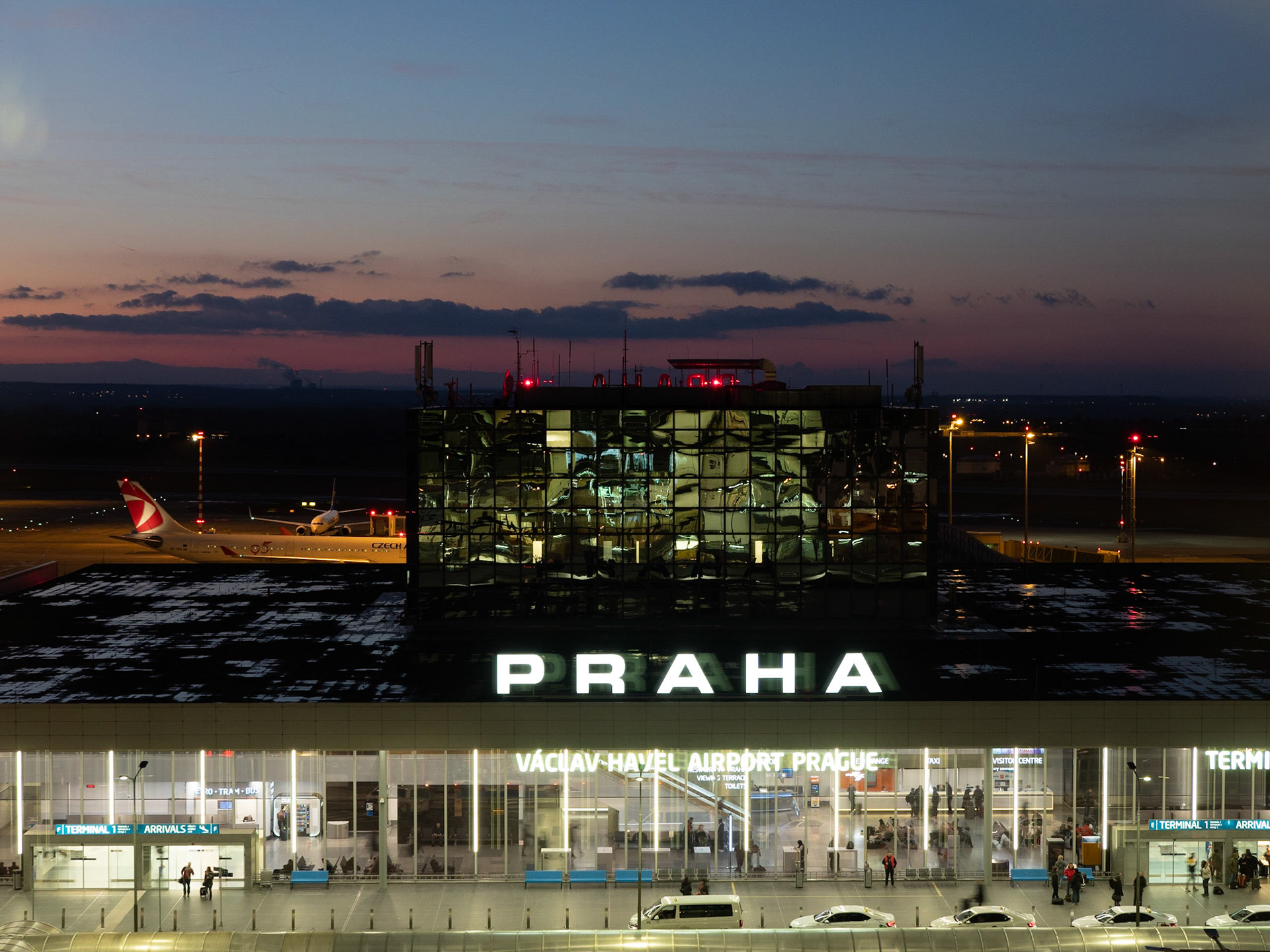 Prague Airport at twilight