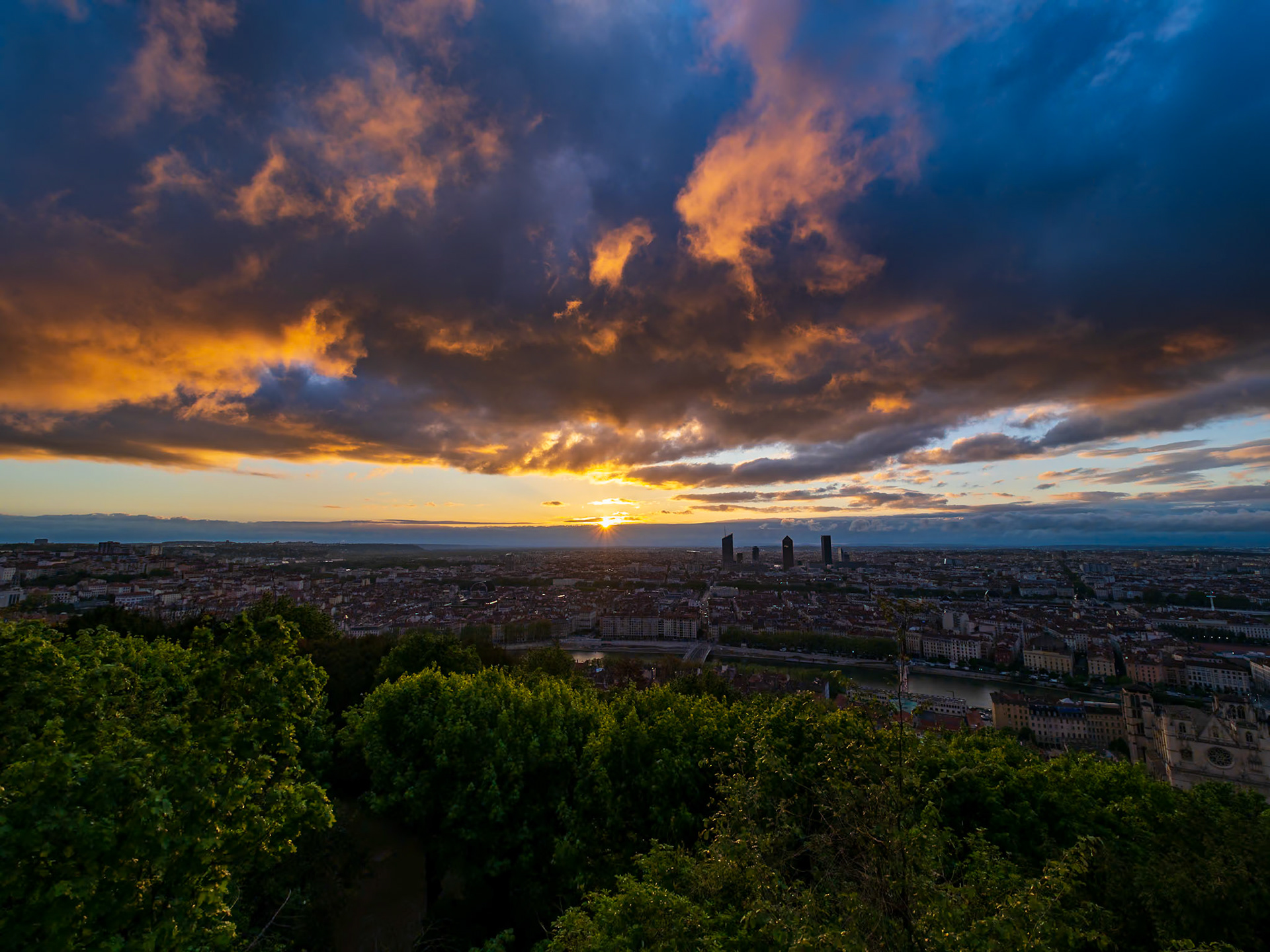 Sunrise over Lyon, France from hilltop Fourvière