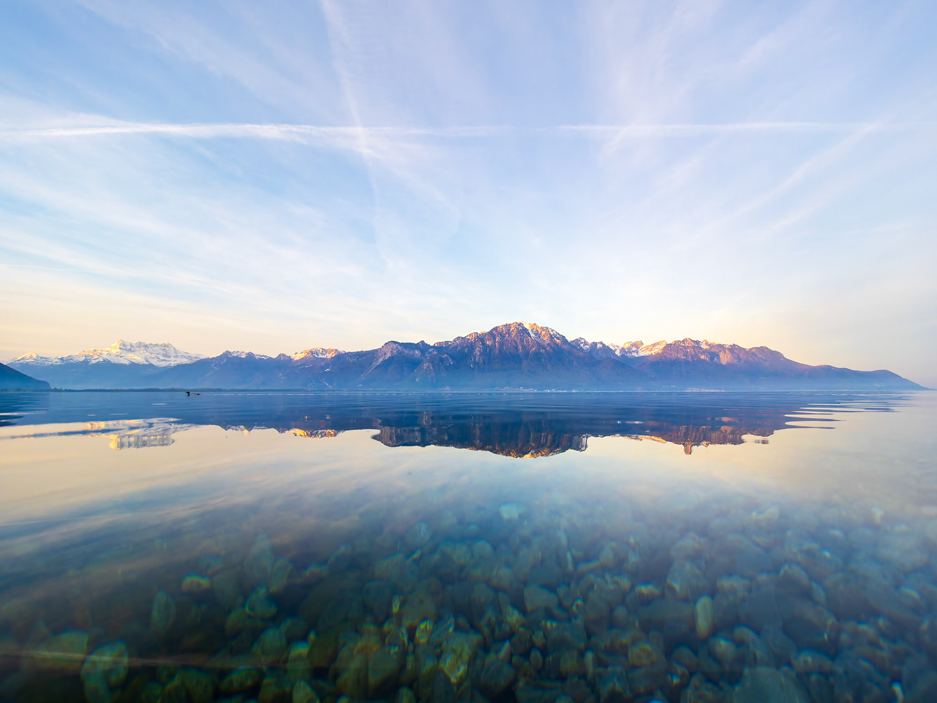 Sunrise over  Lake Geneva on the Montreux Waterfront