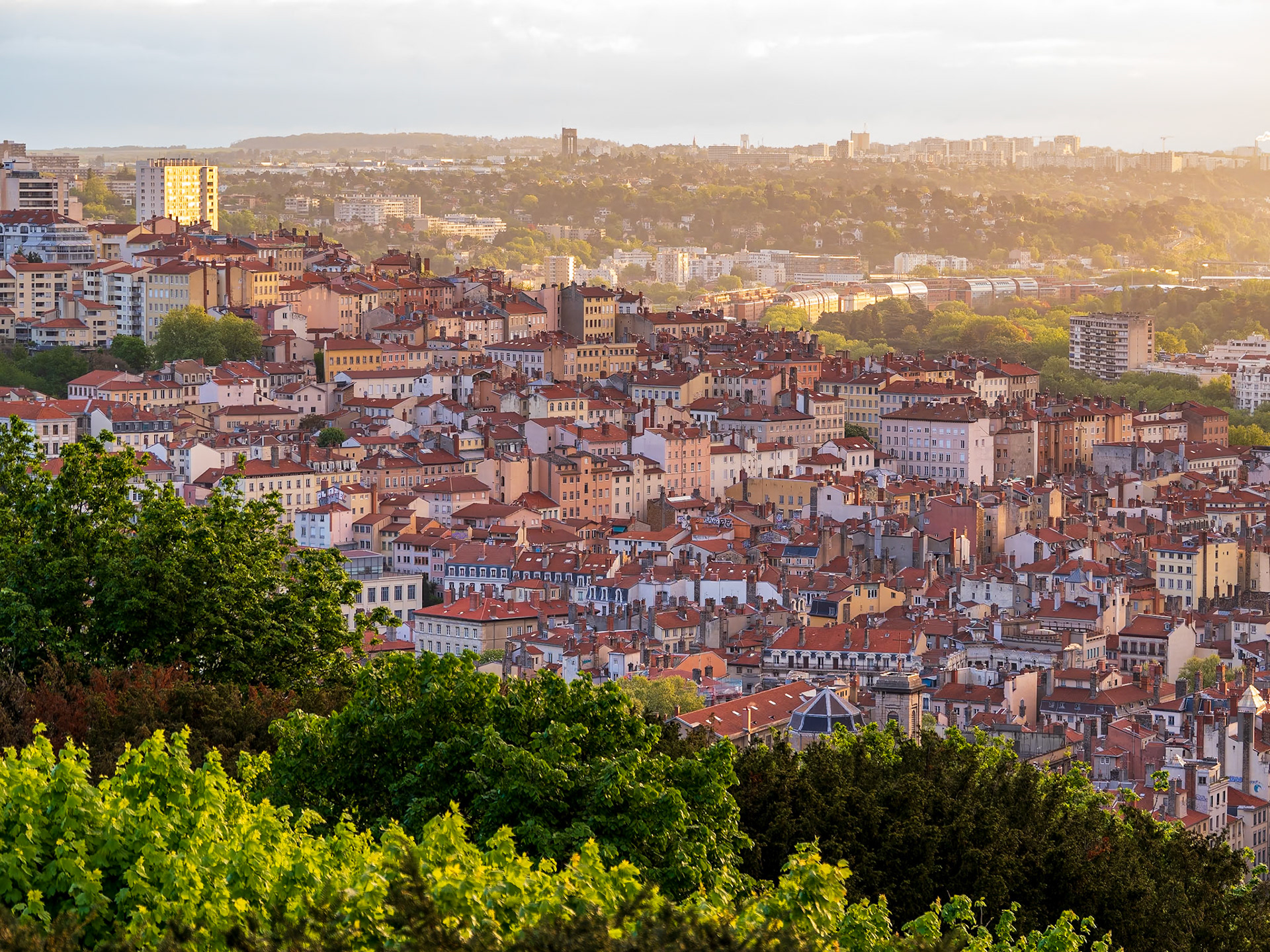 Sunrise over Lyon, France from hilltop Fourvière