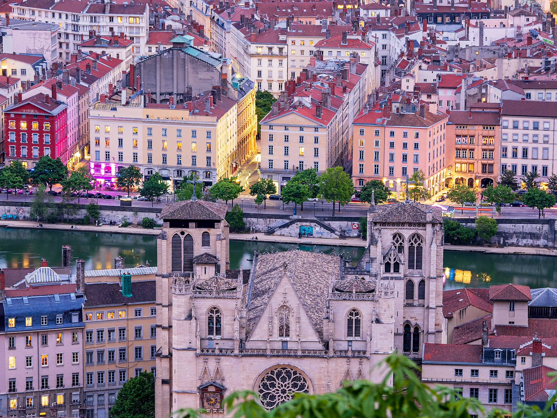 Sunset over Lyon, France including the Lyon Cathedral