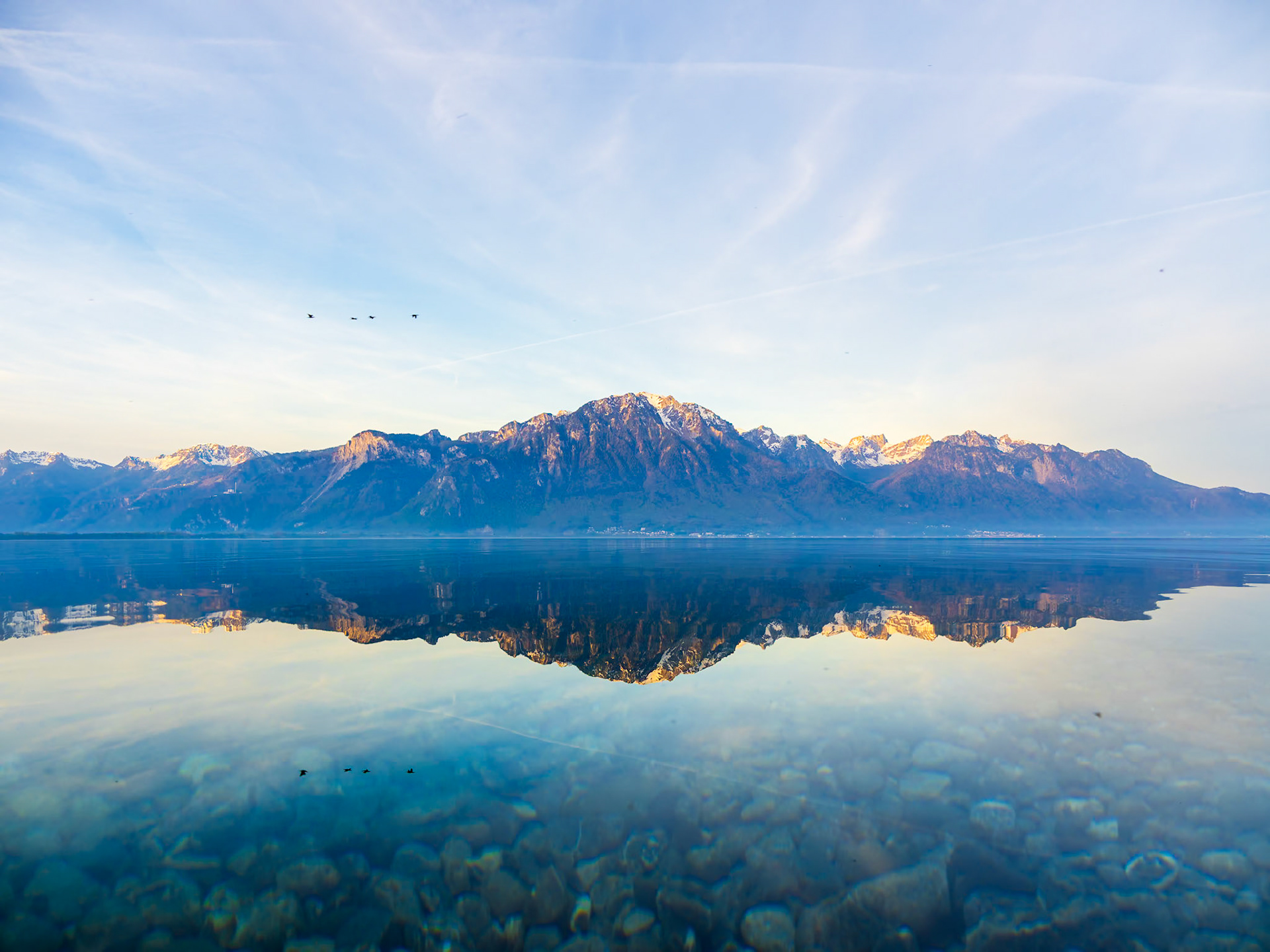 Sunrise over  Lake Geneva on the Montreux Waterfront
