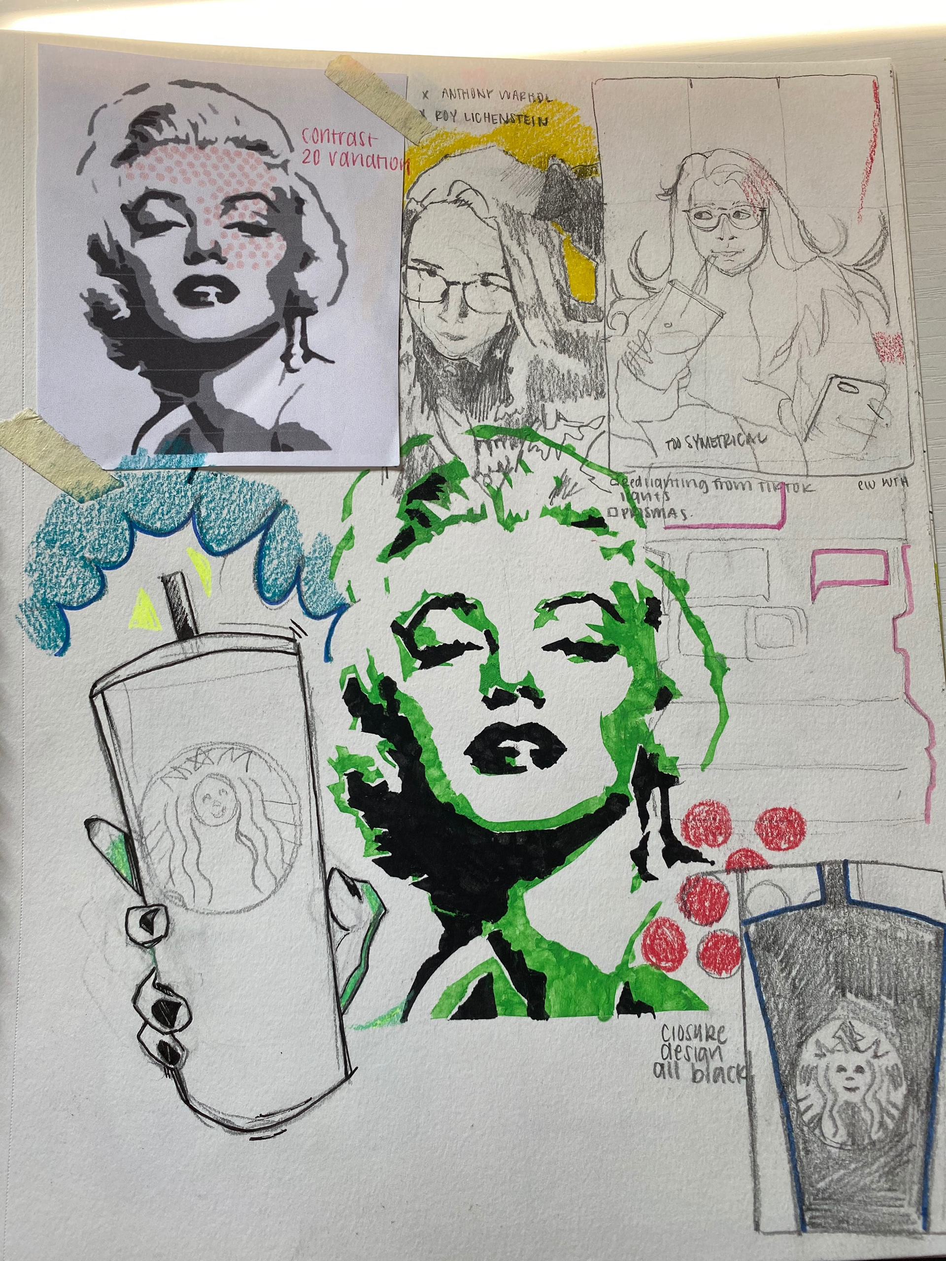 Sketchbook brainstorm from starbucks cup (mixed media) 9 x 12