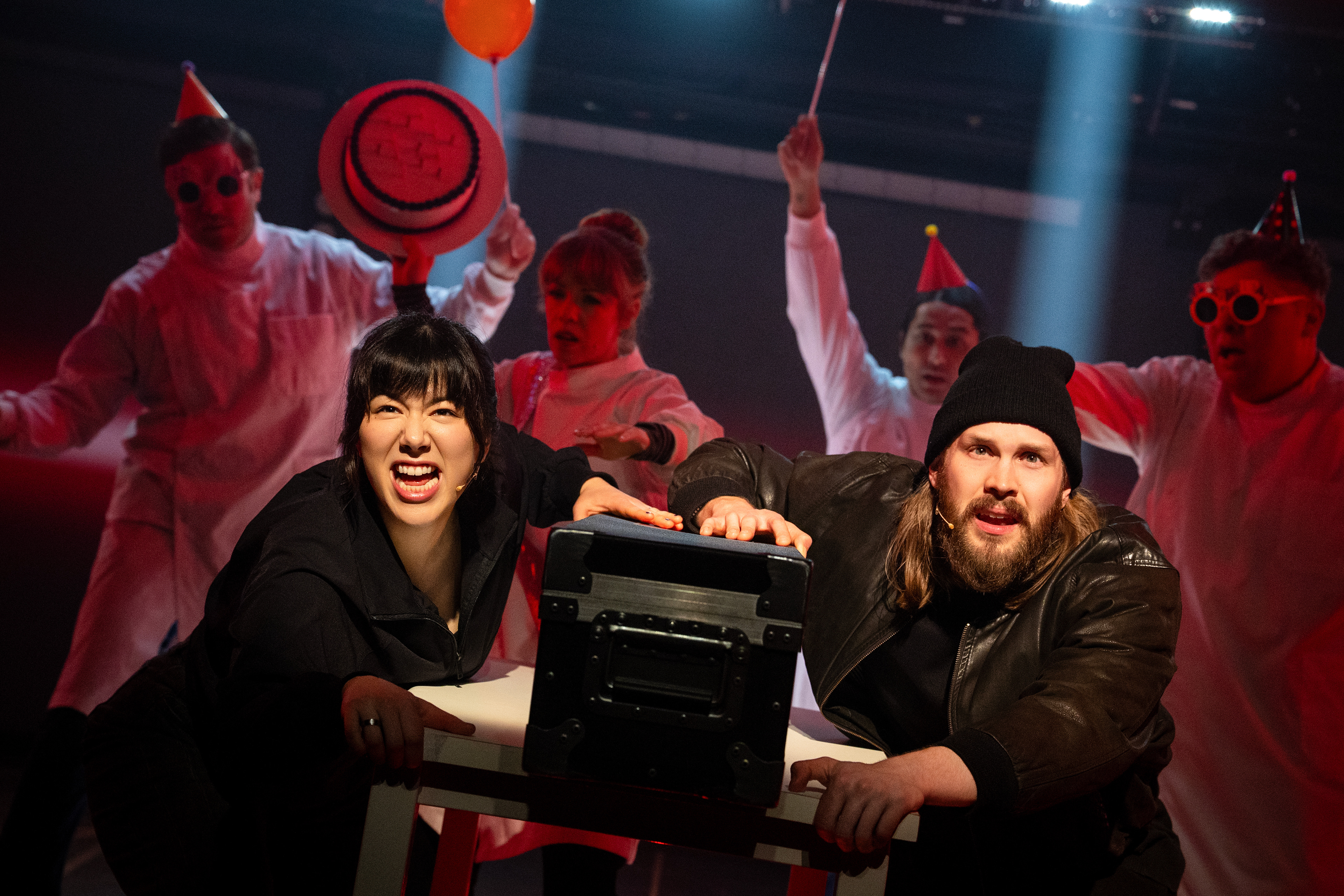 Mia Pak (Darius) and Gunnar Manchester (Kenneth) with Preston Truman Boyd (Jeff), Erin Weaver (Liz/Others), Tyler Dobies (Arnau), and Joshua Morgan (Tristan/Others) in Safety Not Guaranteed at Signature Theatre. Photo by Daniel Rader.