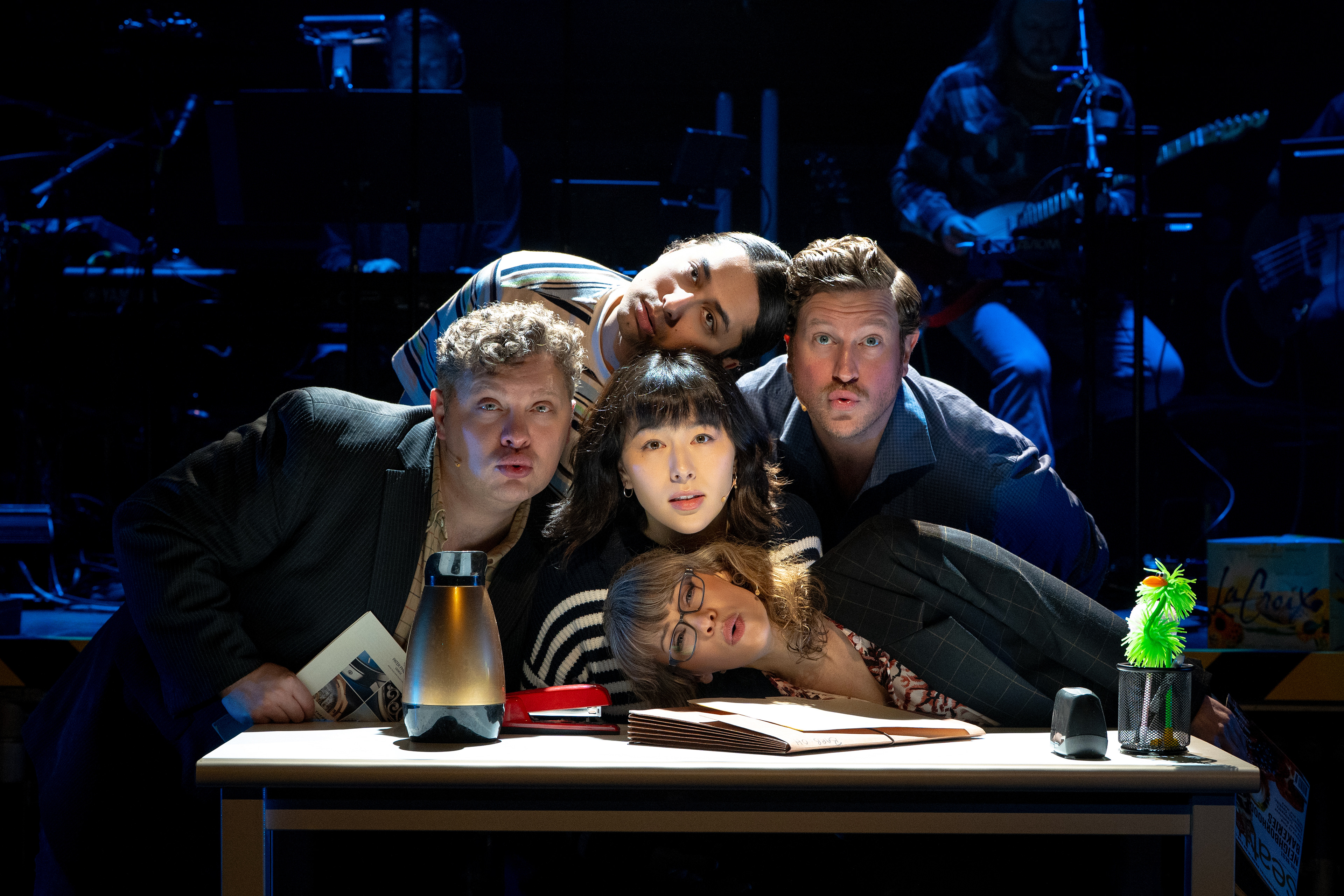 Joshua Morgan (Tristan /Others ), Tyler Dobies (Arnau), Mia Pak (Darius), Erin Weaver (Liz/Others), and Preston Truman Boyd (Jeff) in Safety Not Guaranteed at Signature Theatre. Photo by Daniel Rader