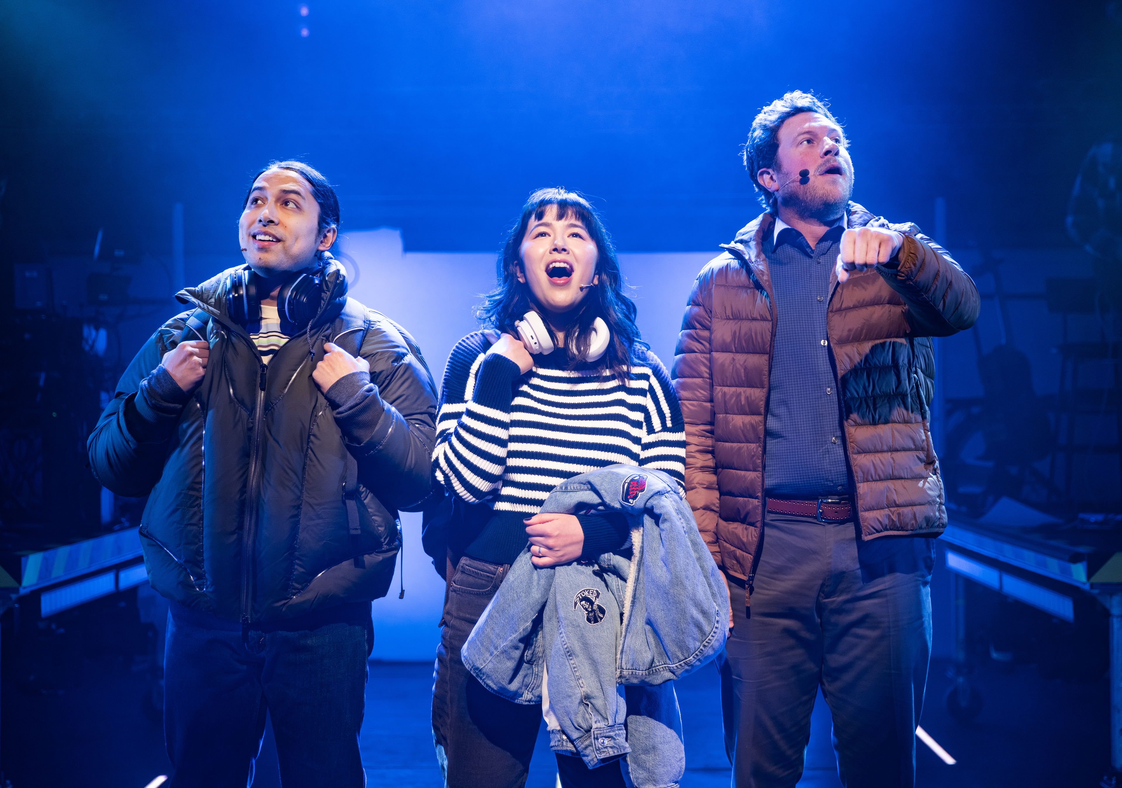 Tyler Dobies (Arnau), Mia Pak (Darius), and Preston Truman Boyd (Jeff) in Safety Not Guaranteed at Signature Theatre. Photo by Christopher Mueller.