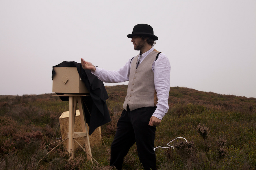 Dr Bird Conquering Clouds (In Search of George Cartlidge)   Made in 2015.  Pair of Prints, Unframed  Black and White photo in pinhole photo using my contraption.  Matt finish on photo rag paper  590mm x 420mm In search of a Staffordshire Hill Top by George Cartlidge, using make shift survey equipment and pin hole camera  Price for the pair £100  