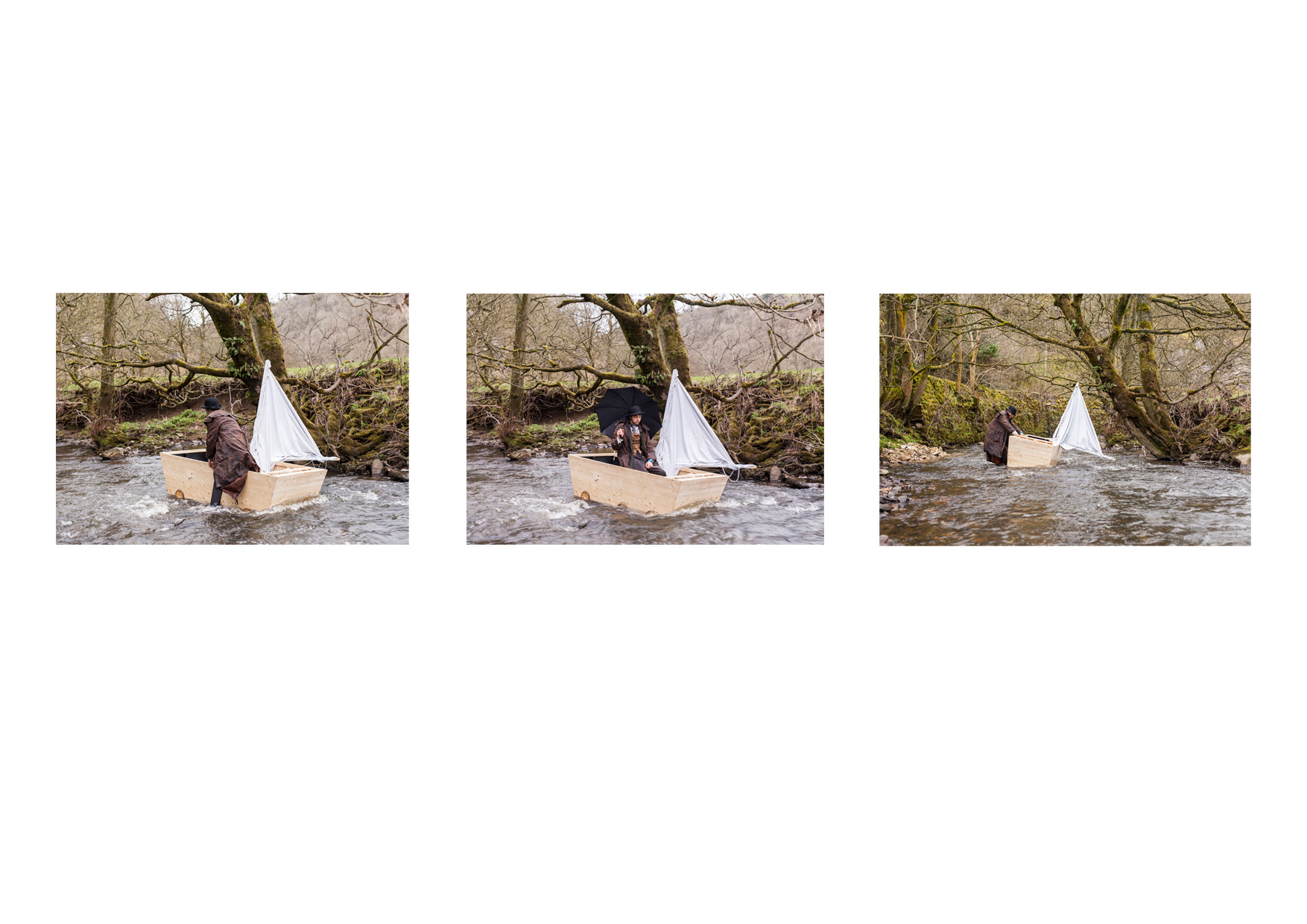 Dr Bird Conquering Clouds (Contraption C)   Made in 2015 Print Triptych Matt finish on photo rag paper  590mm x 420mm Boat, Pinhole Camera, Blackout Sail/Room attempting to sail on the river manifold Edition 2/3 Price £100