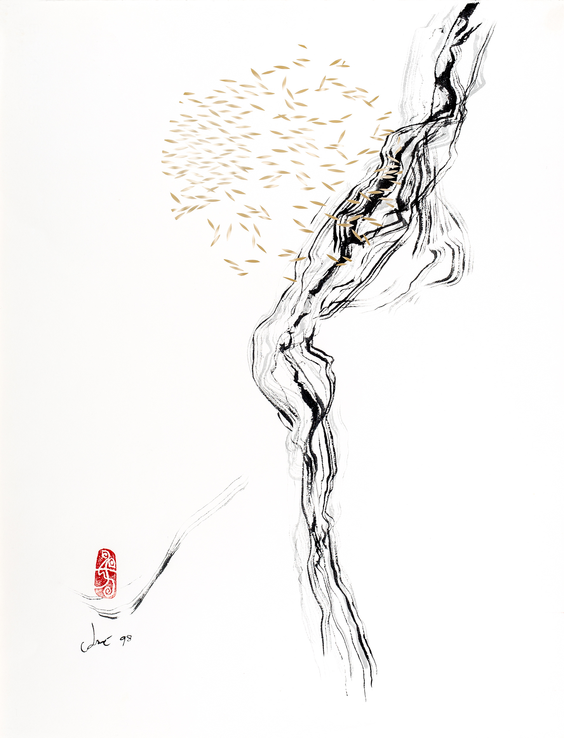Danse au solei.1998. Encre japonaise et découpes sur papiers superposés. 19po3/4 x 25po3/4