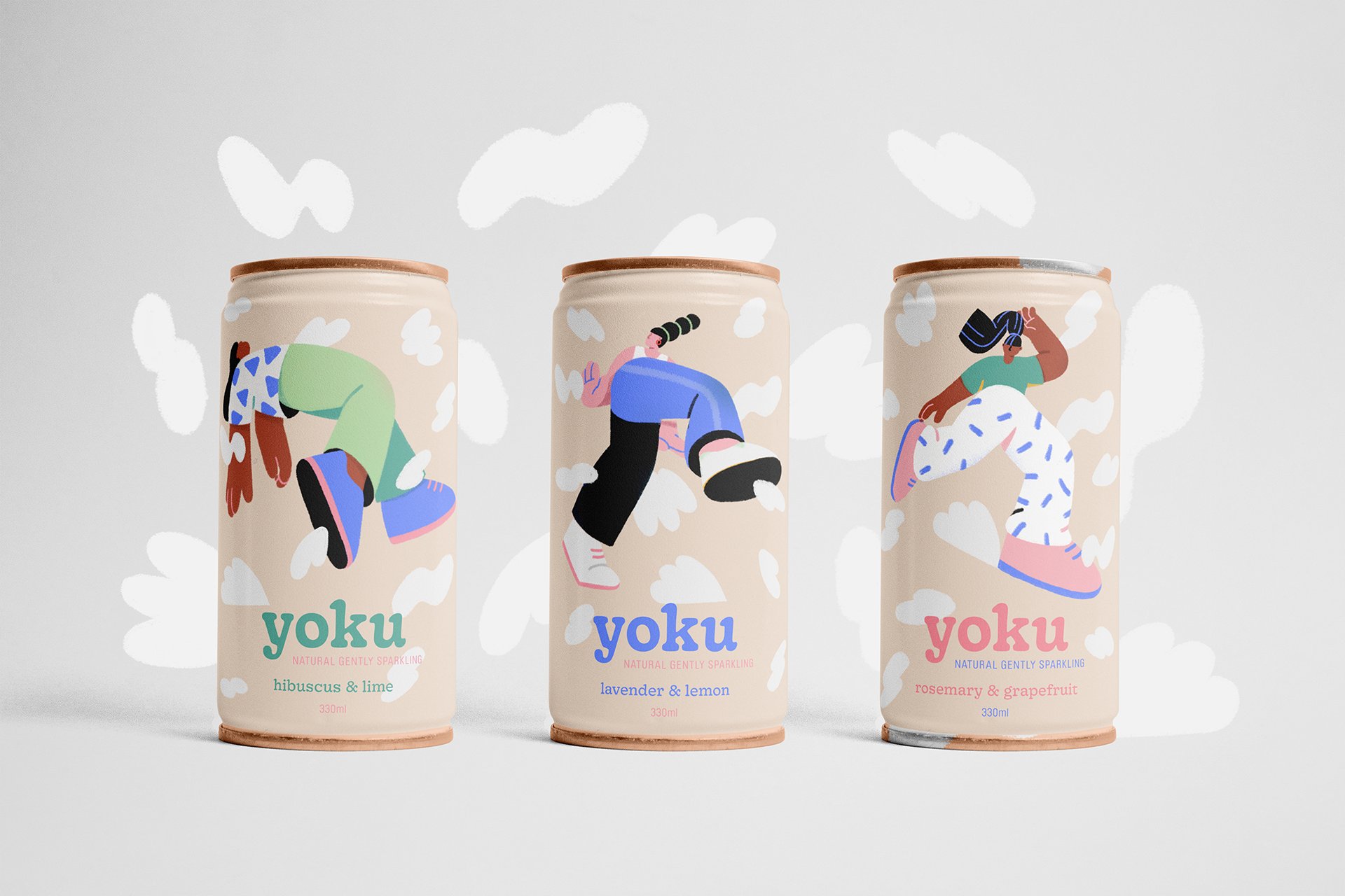 Illustrated kombucha drink packaging. Woman in different active poses
