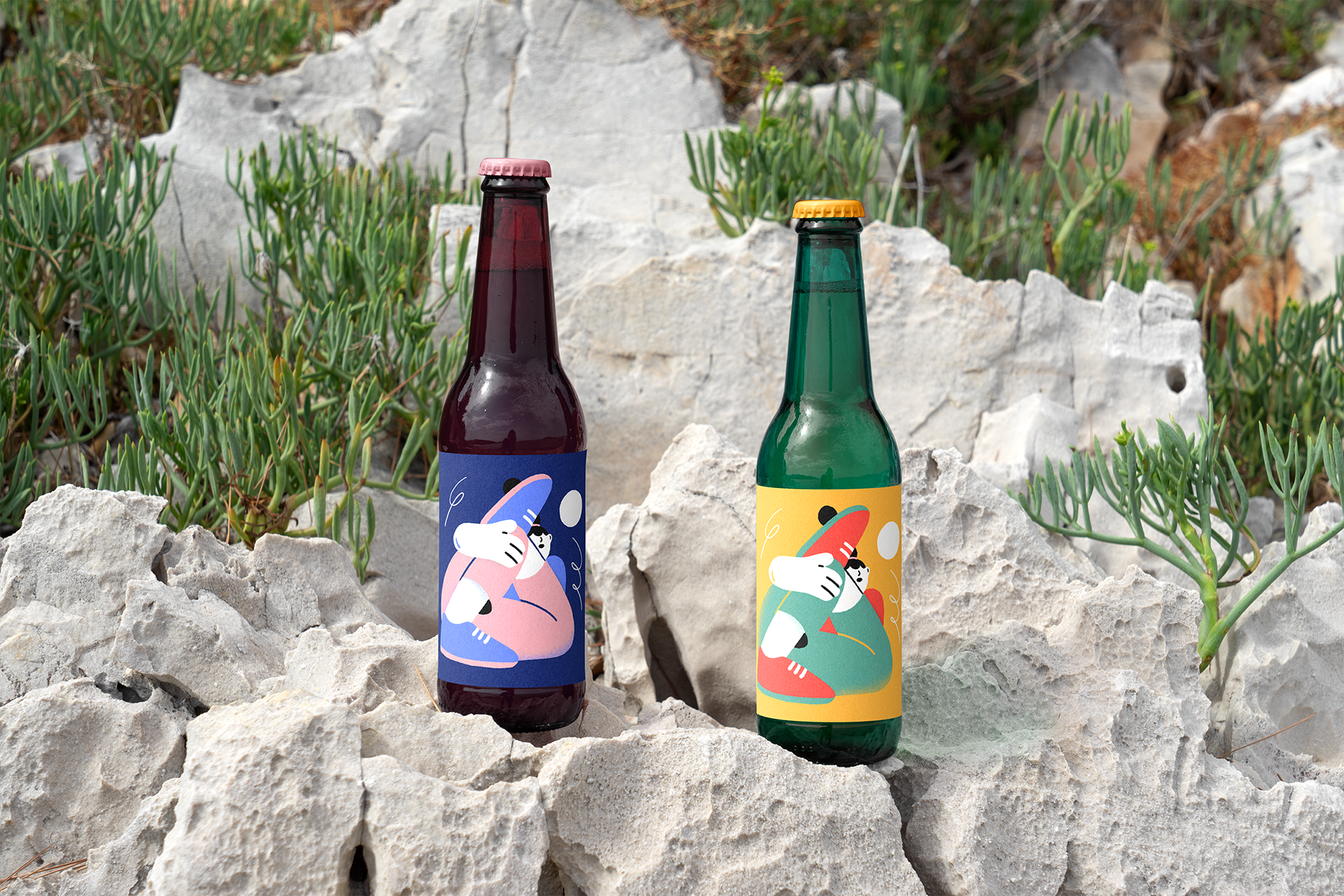 Illustrated beer bottles. Day and night versions of woman stretching