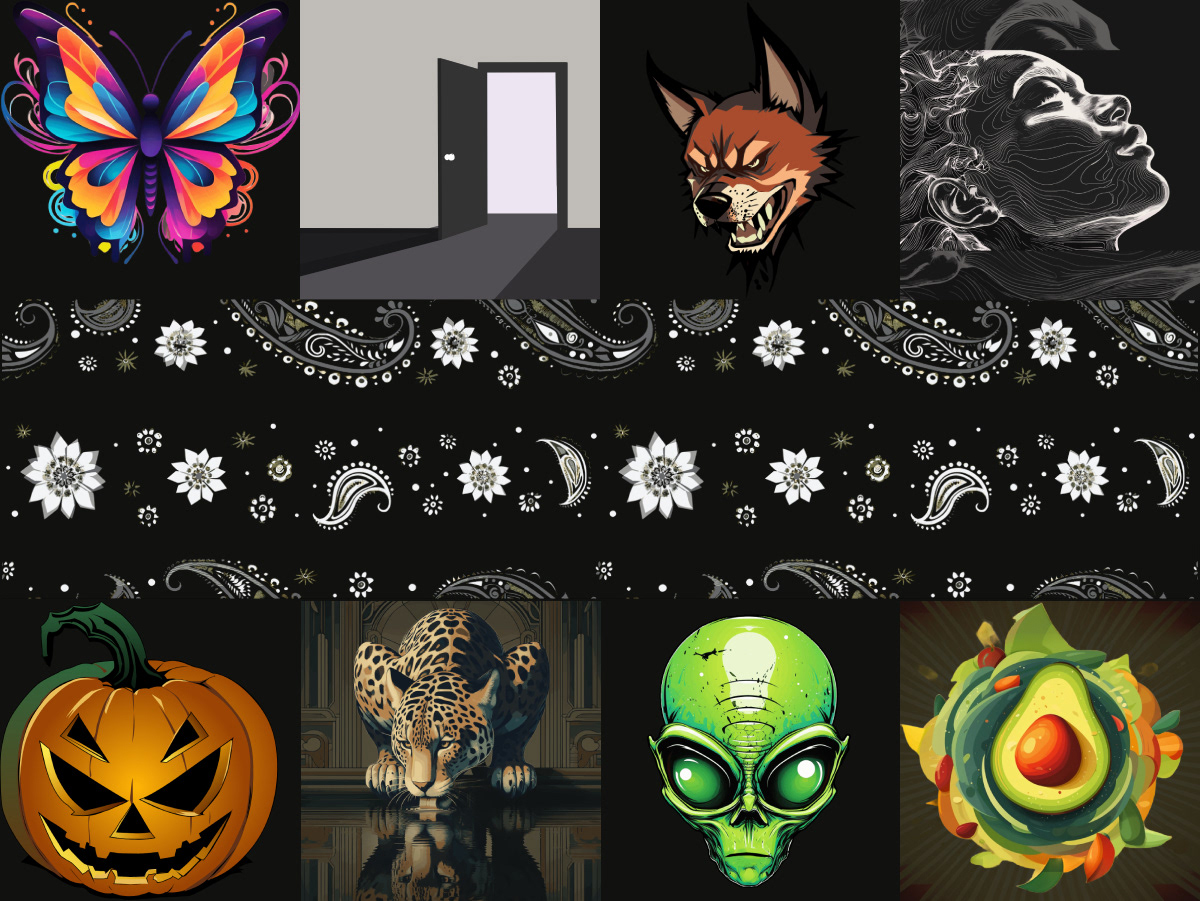 vector, butterfly, door, angry dog, line art portrait, paisley bandana, jack o'lantern, jaguar, alien, avocado, Logo, mascot , typography , iconography , signage , Apparel & merch , ui design