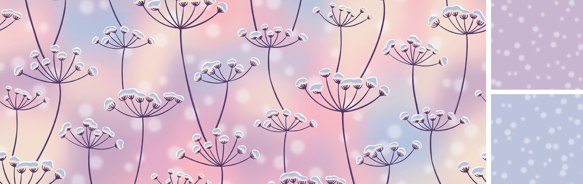 A group of pattern designs inspired by the 'Apricity' theme, showcasing frosted flora against a soft pastel background of pinks, purples, and blues, accompanied by snowy polka dot patterns in complementary colors.
