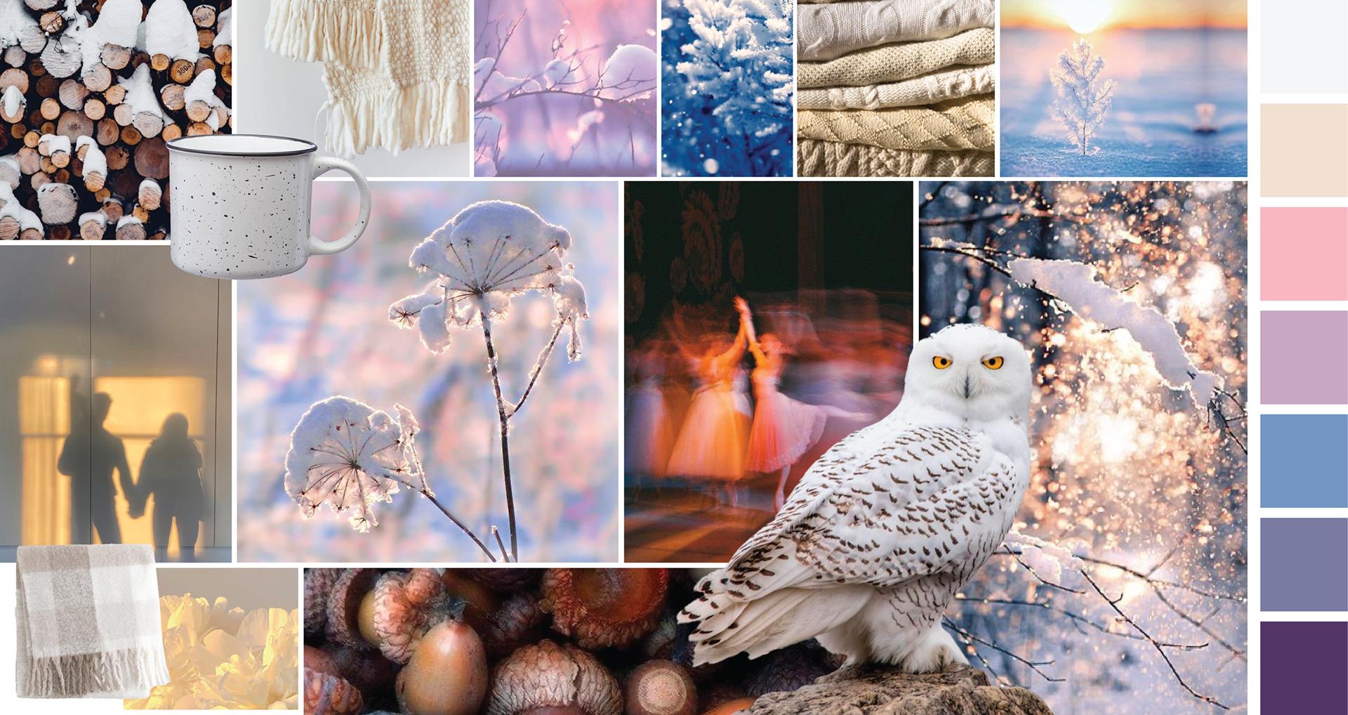 A mood board featuring a cozy winter theme titled 'Apricity,' with images of snowy logs, soft knits, frost-covered plants, and warm pastel hues. Includes a snowy owl, blurred figures in golden light, and a palette of muted pinks, purples, and blues.
