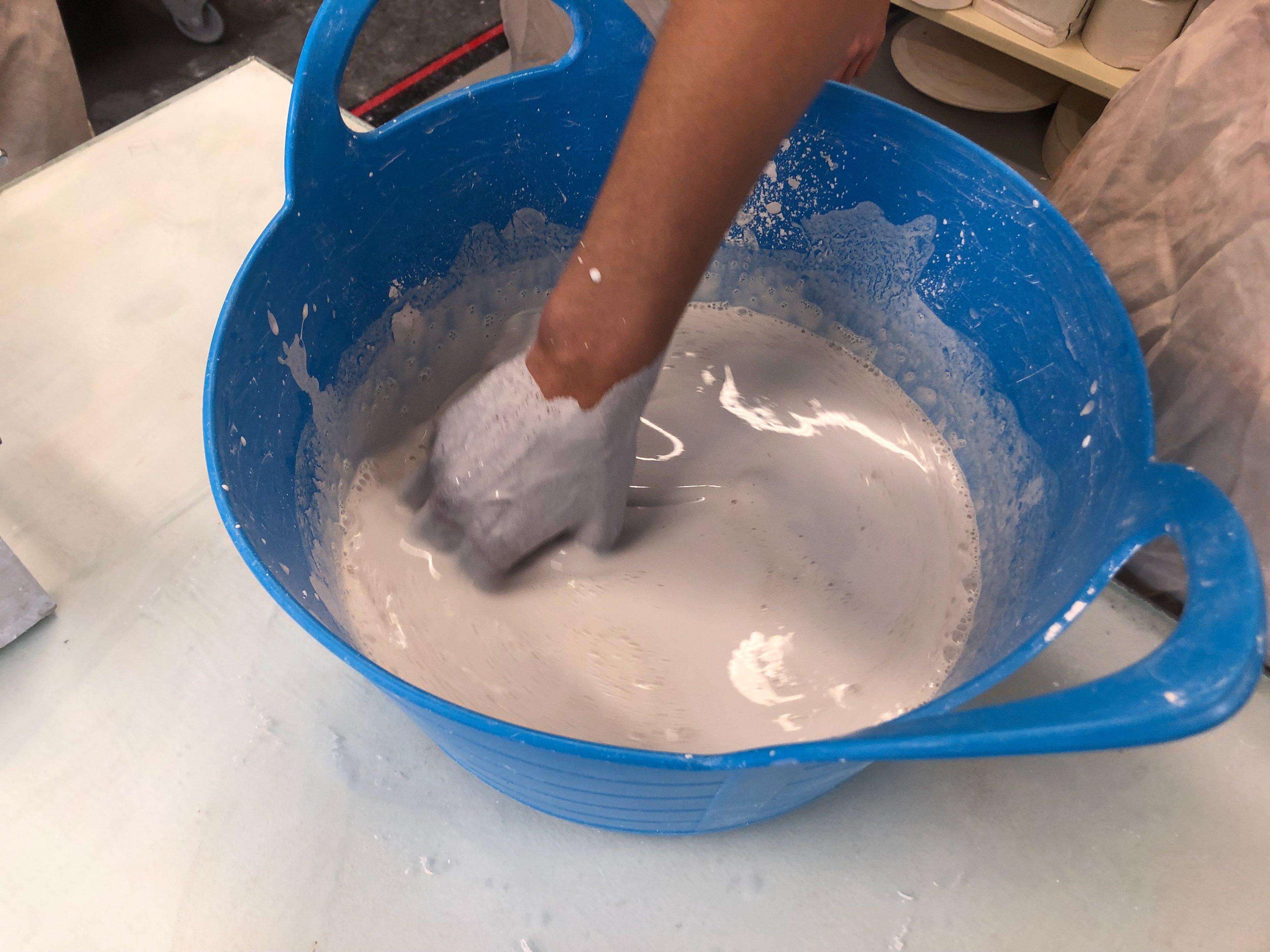 Mixing 2 litres of water with plaster (A total of 5 litres was used)