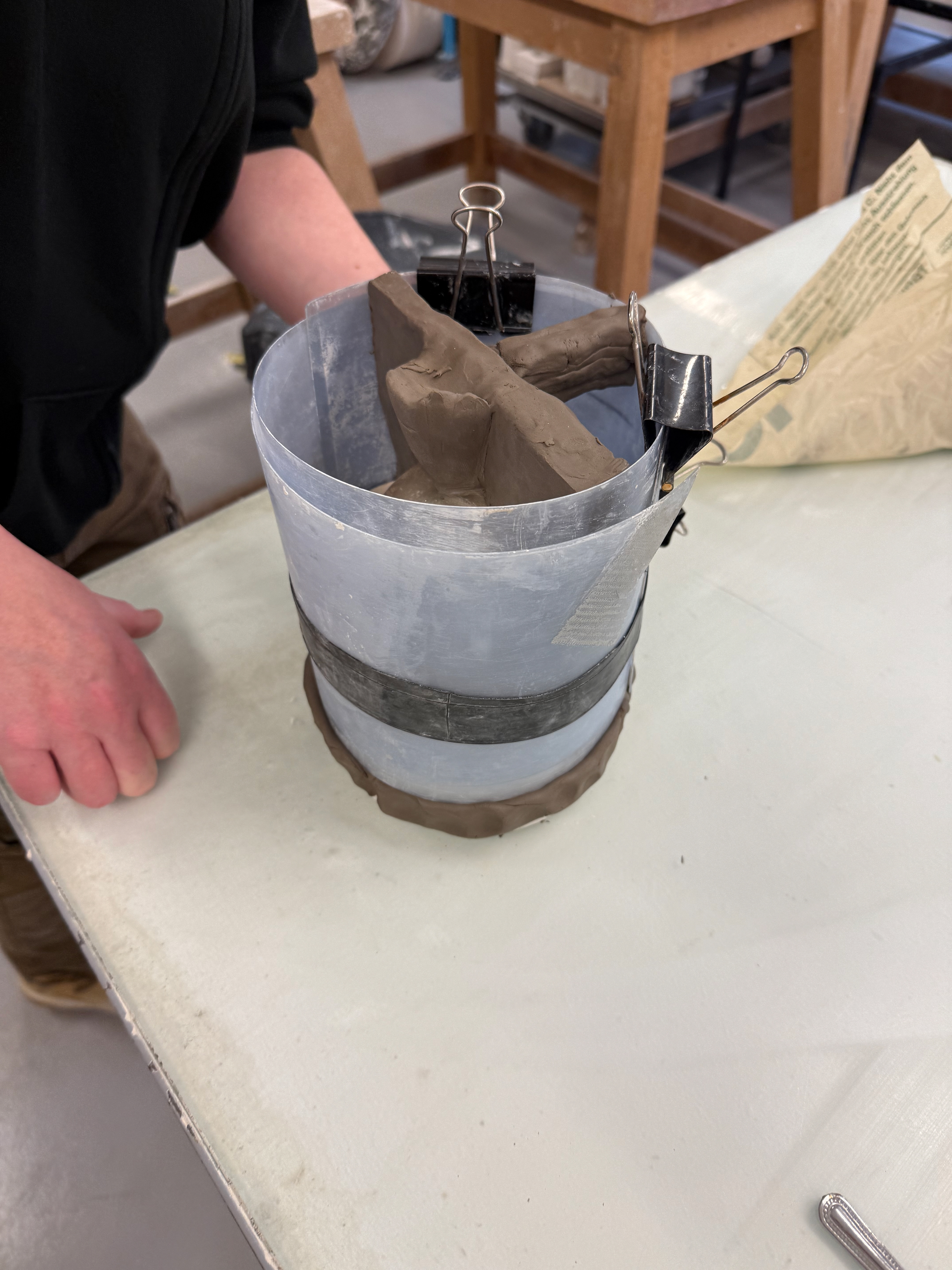 New cottle to get the flexibility and clay in the centre to make sure it is a three part mould, not two. It also has a funnel so I can pour the slip in later on.