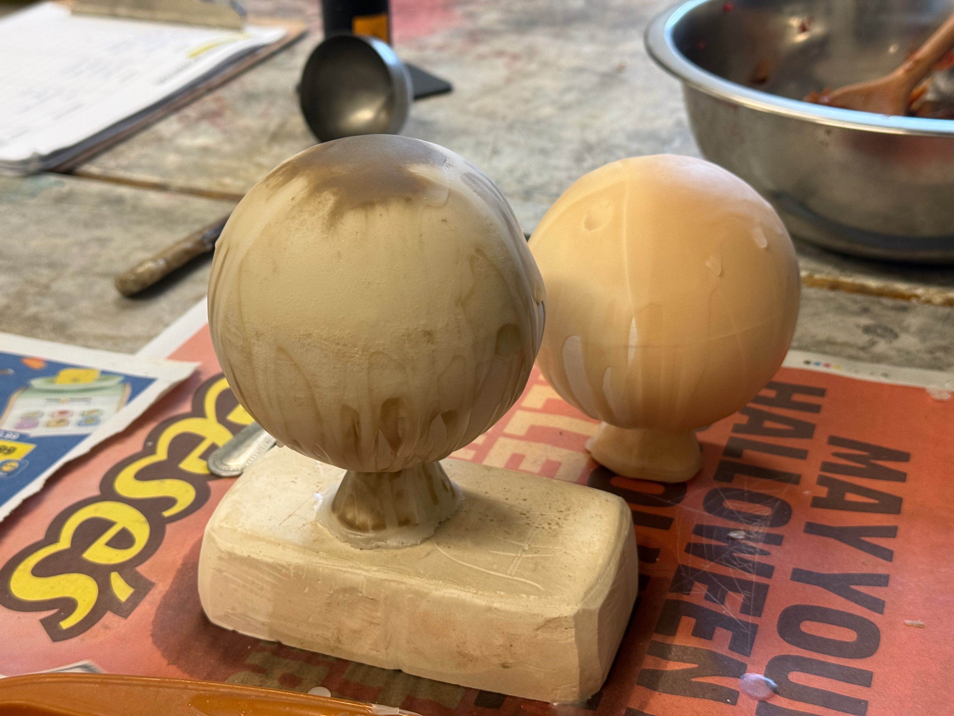 Two objects immediately after wax pour.