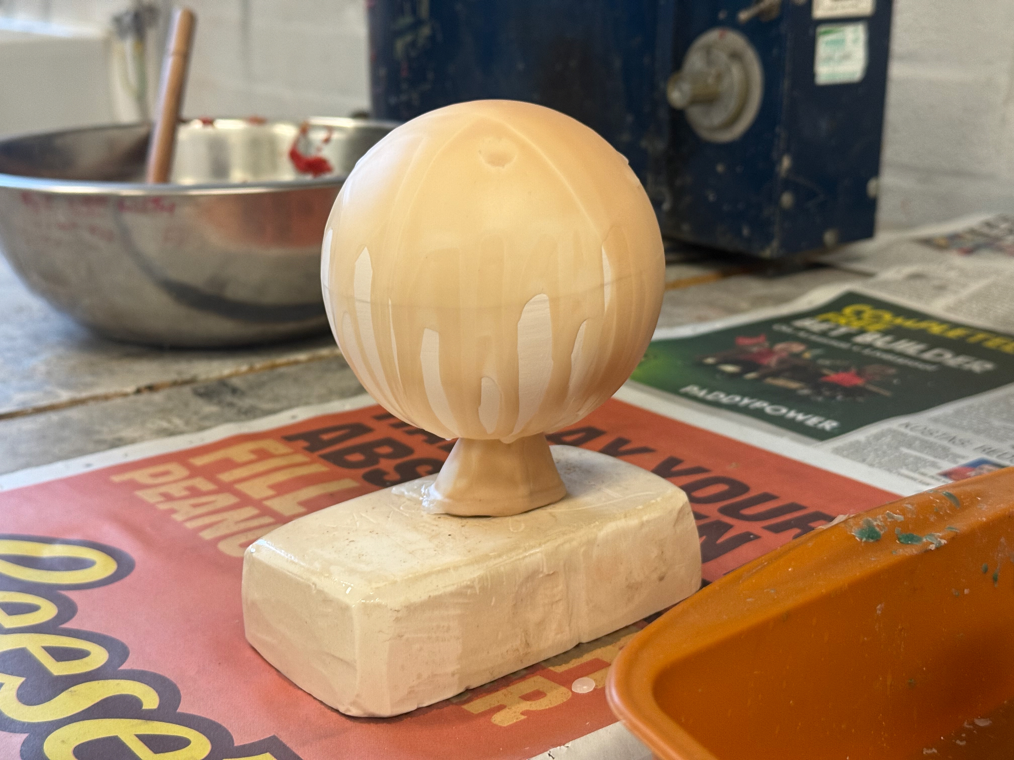 Place object on plaster block after wax pour.