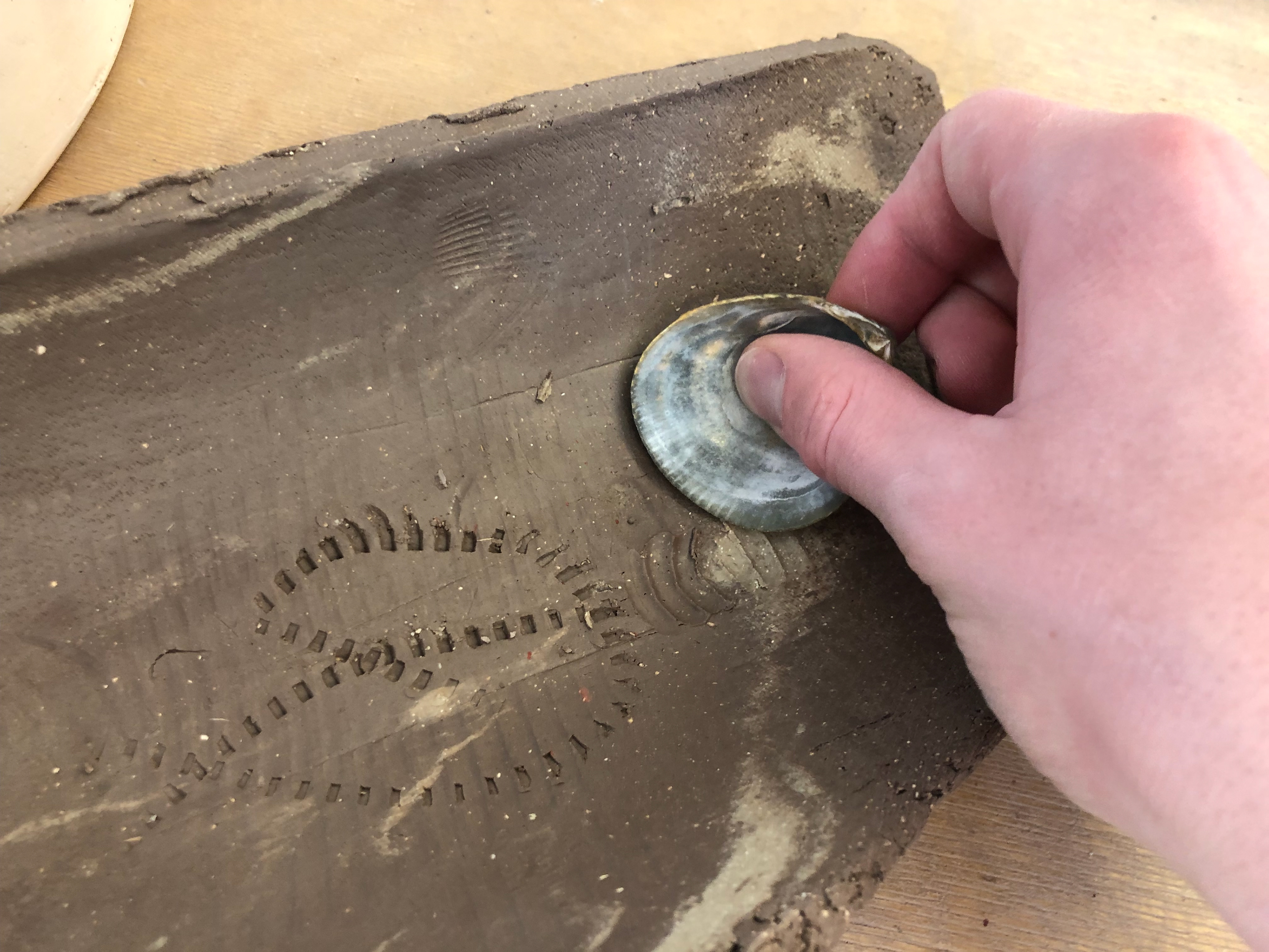 The shell had deep groves on the outside which left a perfect pattern on the clay.