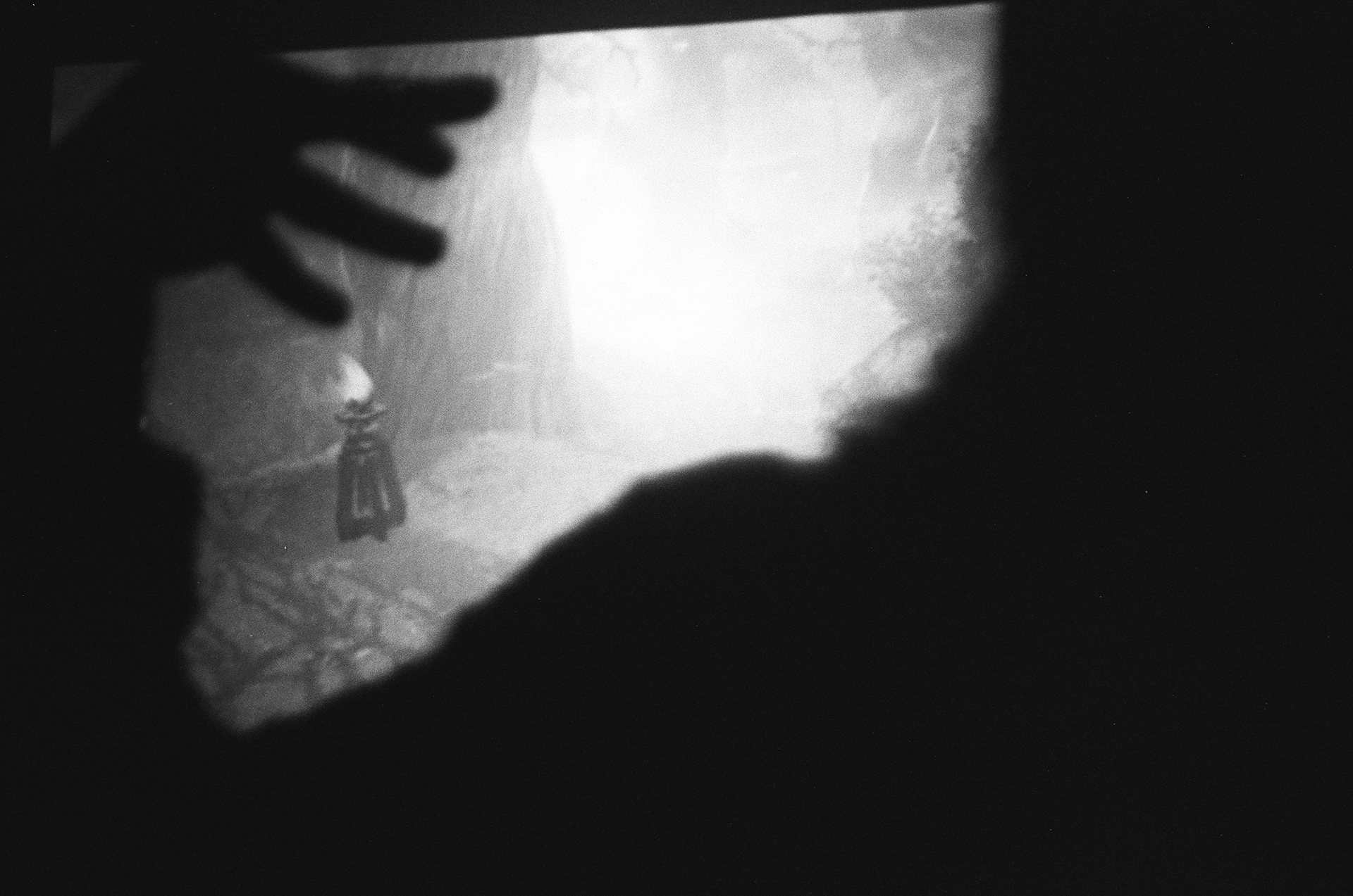A silhouette stands before a projected video game screen, 2024