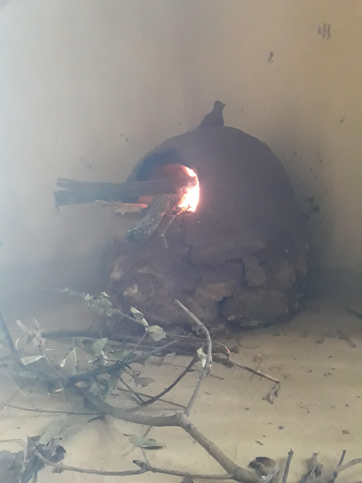 The clay oven on fire
