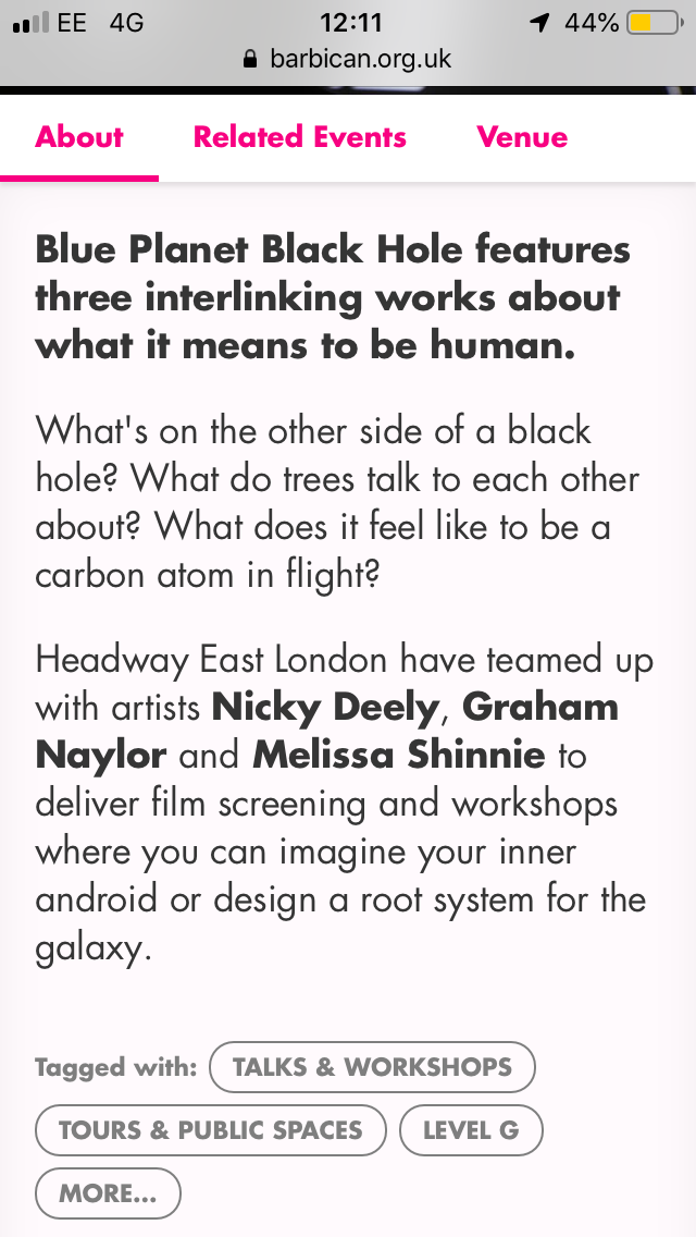 Blue Planet, Black Hole on the Barbican website