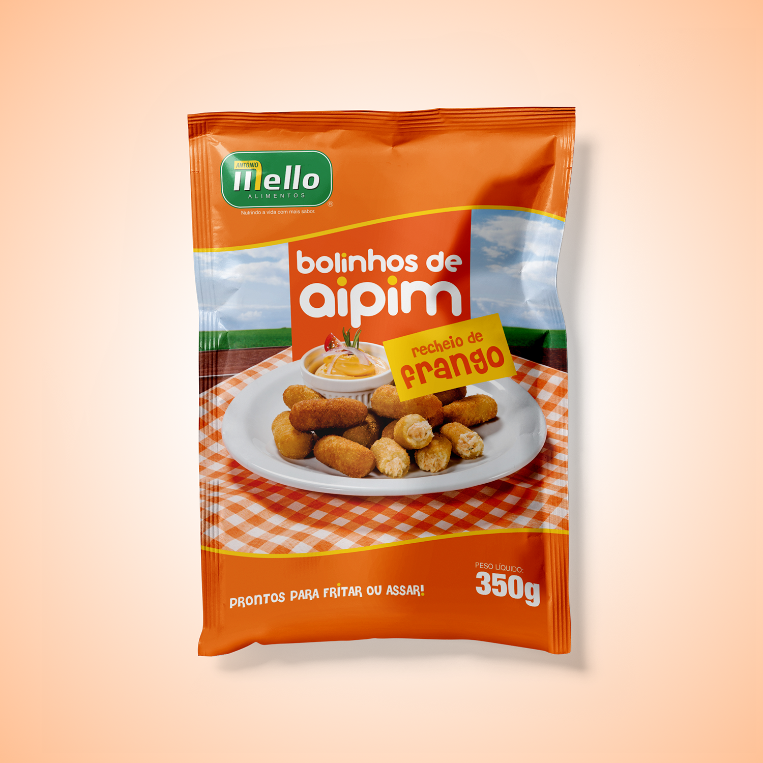 embalagem bolinho de aipim com recheio de frango mello alimentos