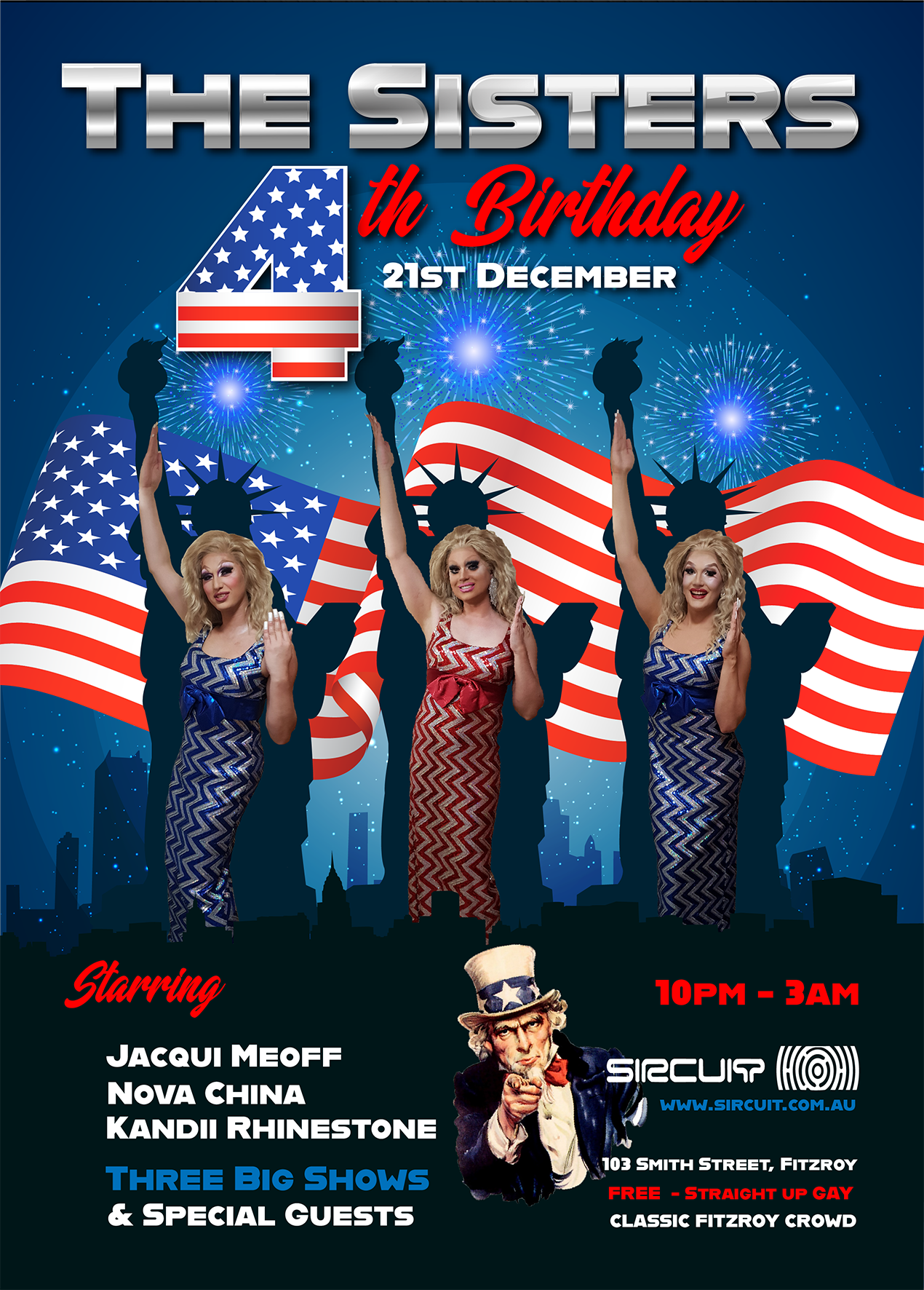 3 drag queens Photoshopped onto a vector background for an event poster, by Anderssen Creative.