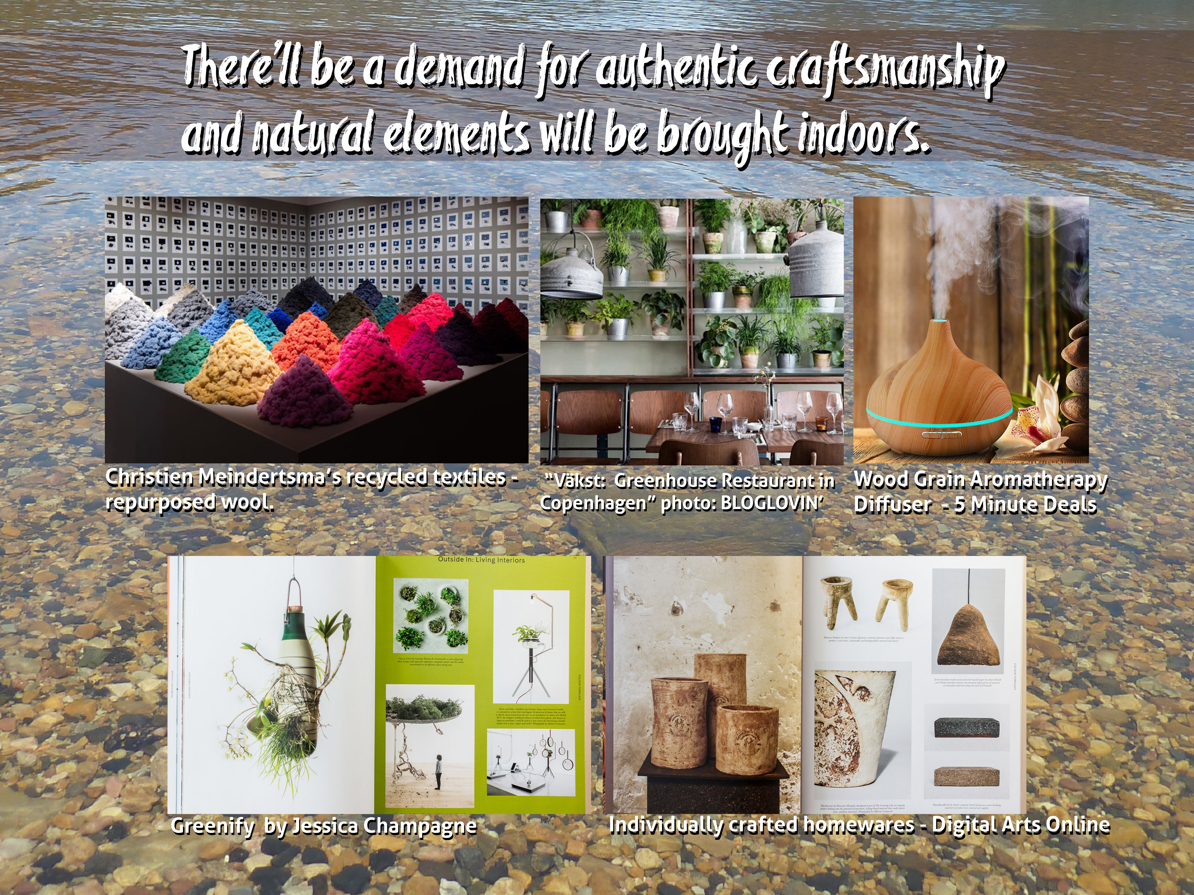 Examples of recycled textiles, indoor plants, wood, organic homewares, by Anderssen Creative. 