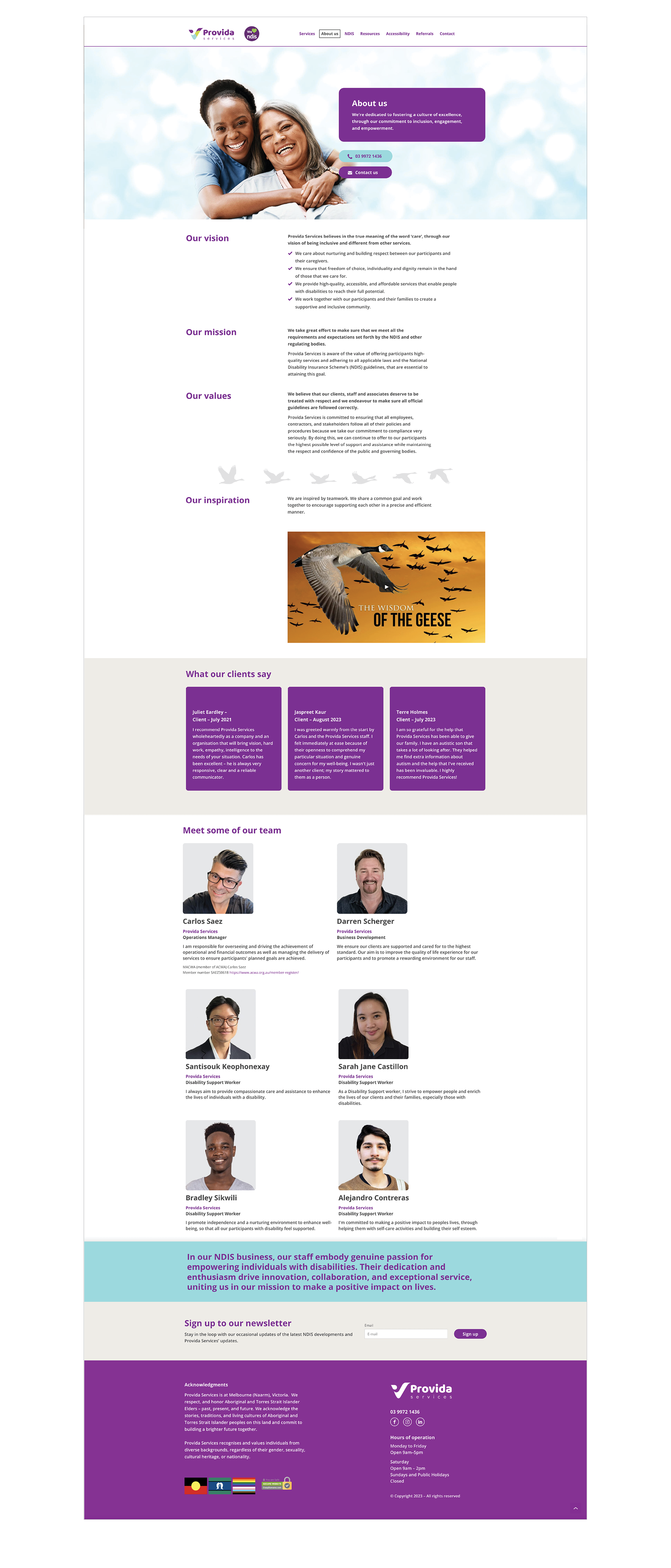 Provida Services Website, About Us page, designed by Anderssen Creative.