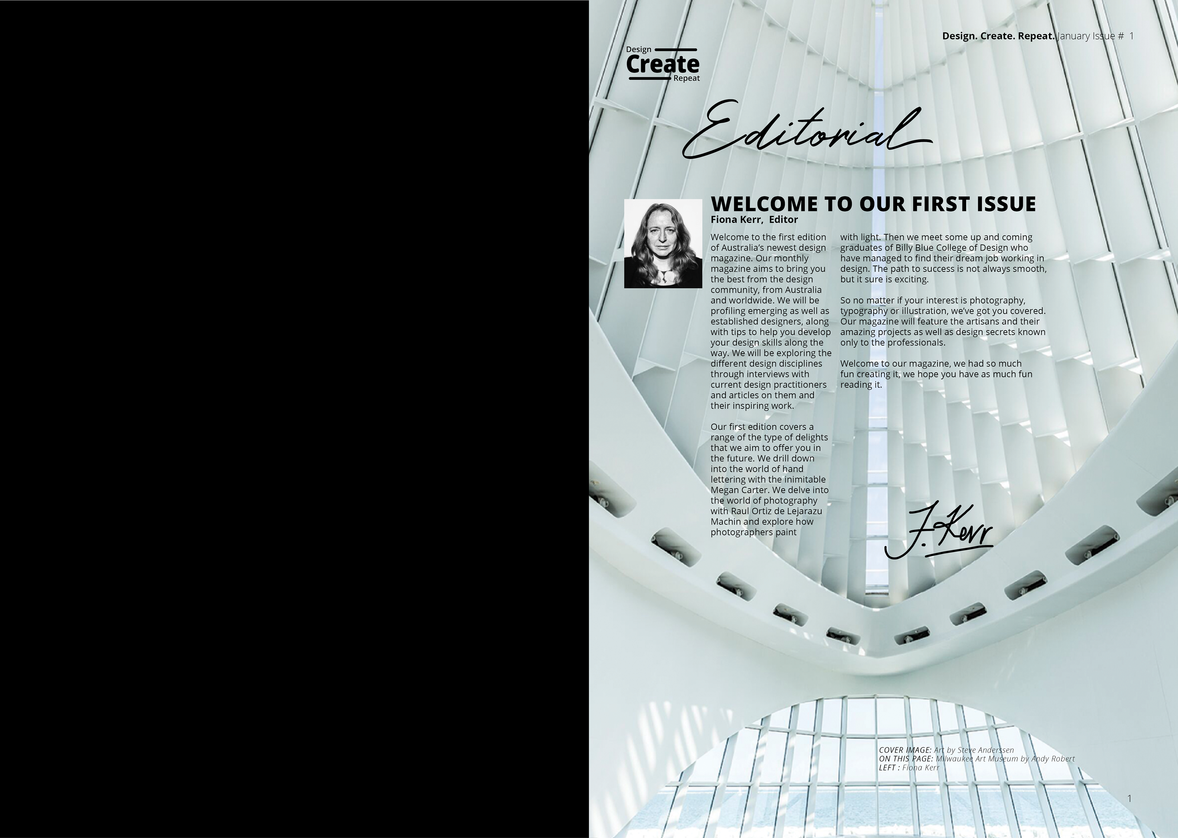 Design. Create. Repeat. Magazine Editorial page, typesetting by Anderssen. Creative.
