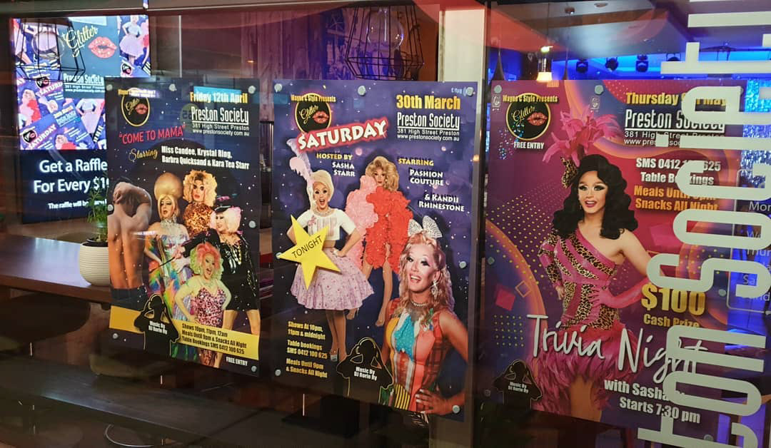 Advertising digital screen and printed A1 posters (inside the venue window)