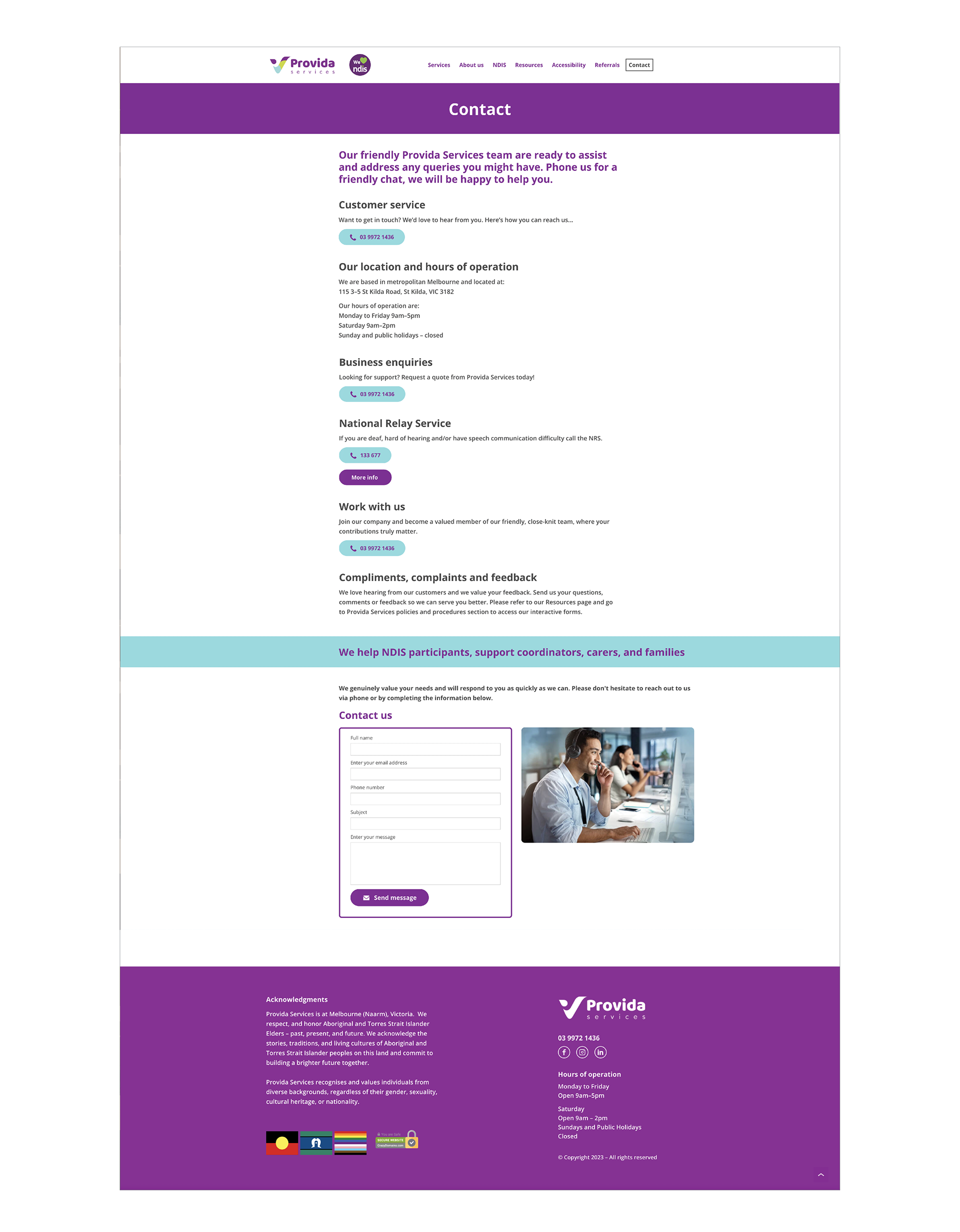 Provida Services Website, Contact page, designed by Anderssen Creative.