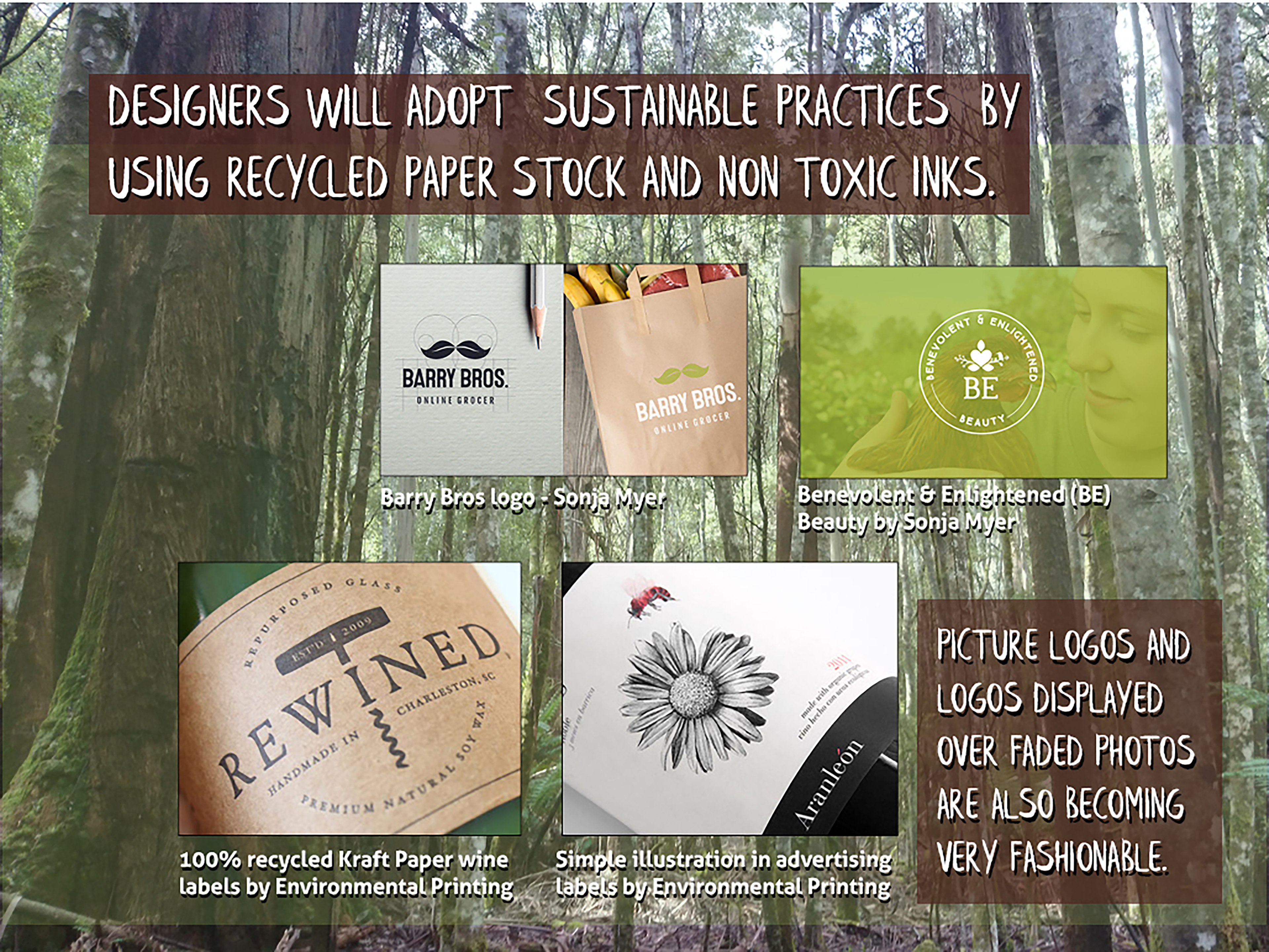 Picture logos displayed over faded photos and recycled Paper Stock are fashionable, by Anderssen Creative. 