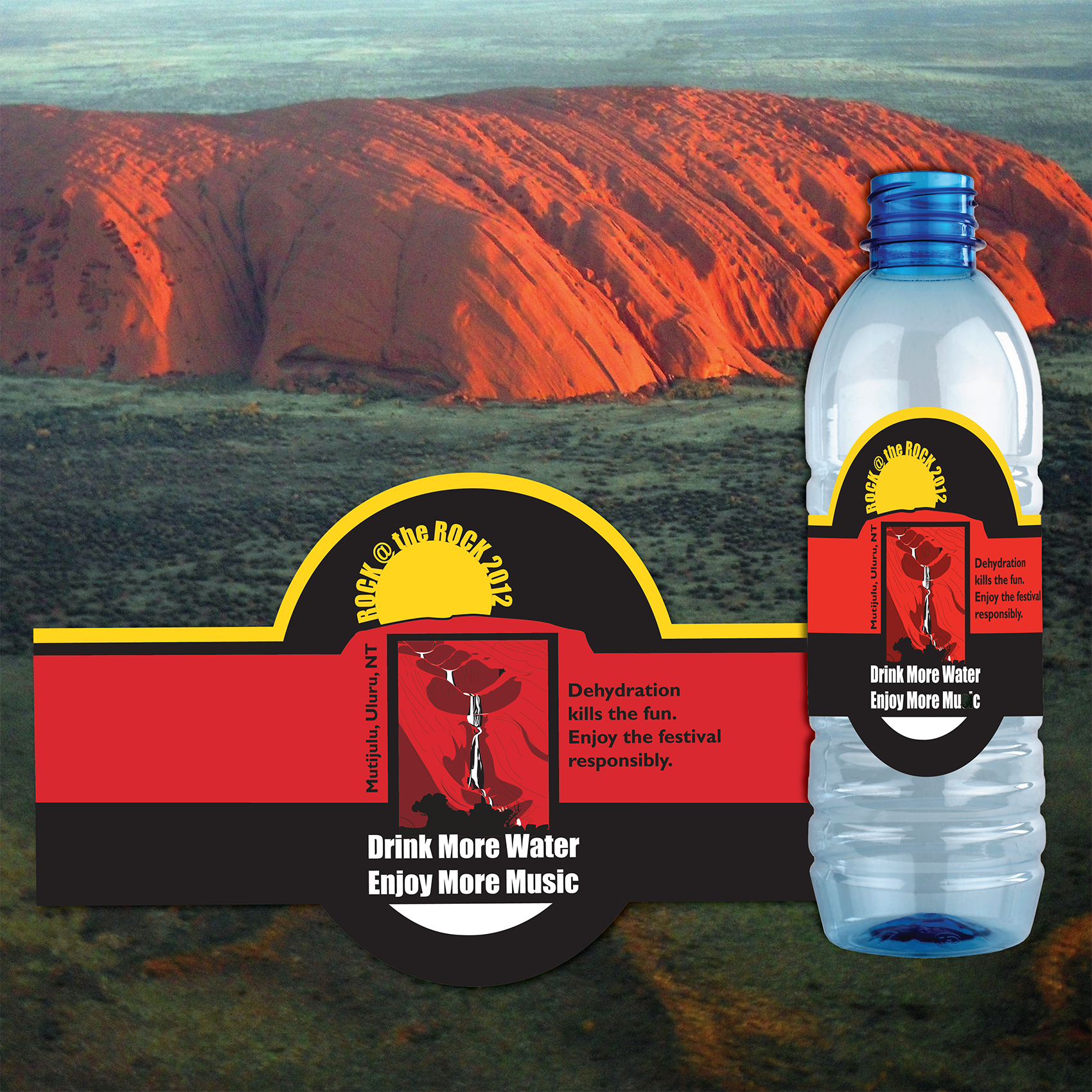 Water bottle label overlay on photo of Uluru. (featuring FOIL and DIE cut), by Anderssen Creative. Digital Illustration of Mutujulu waterhole at Uluru, NT.