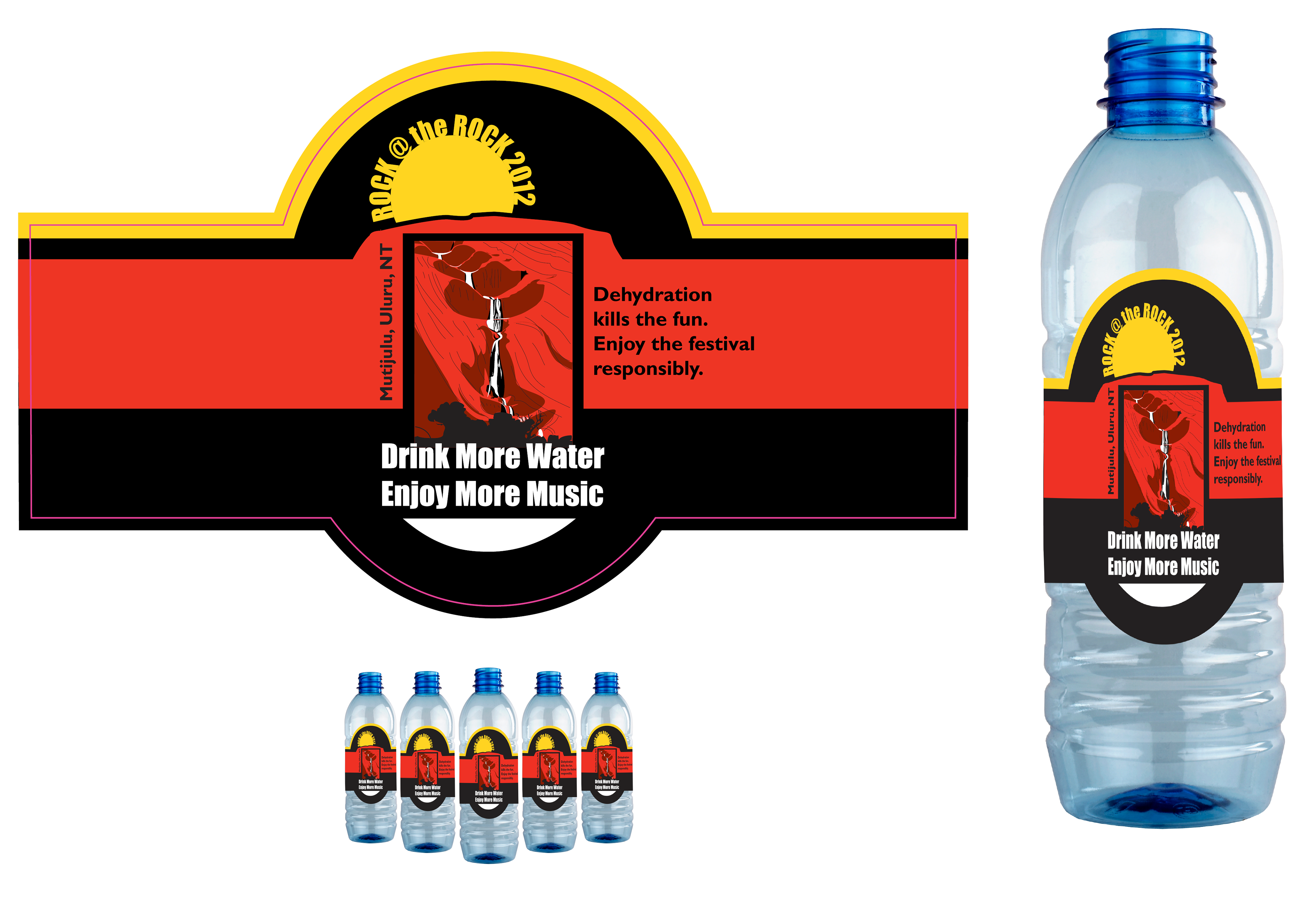 Water bottle label in situ (featuring FOIL and DIE cut), by Anderssen Creative. Digital Illustration of Mutujulu waterhole at Uluru, NT.