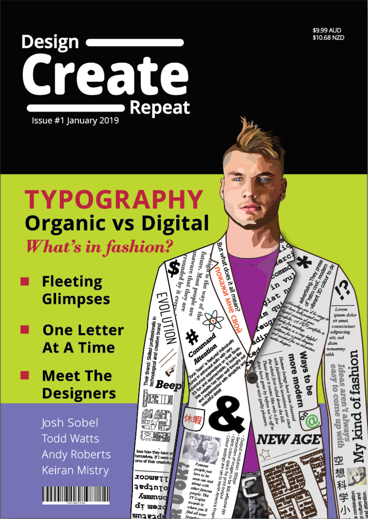 Design. Create. Repeat. Magazine cover illustration of a man with suit of text, designed by Anderssen.