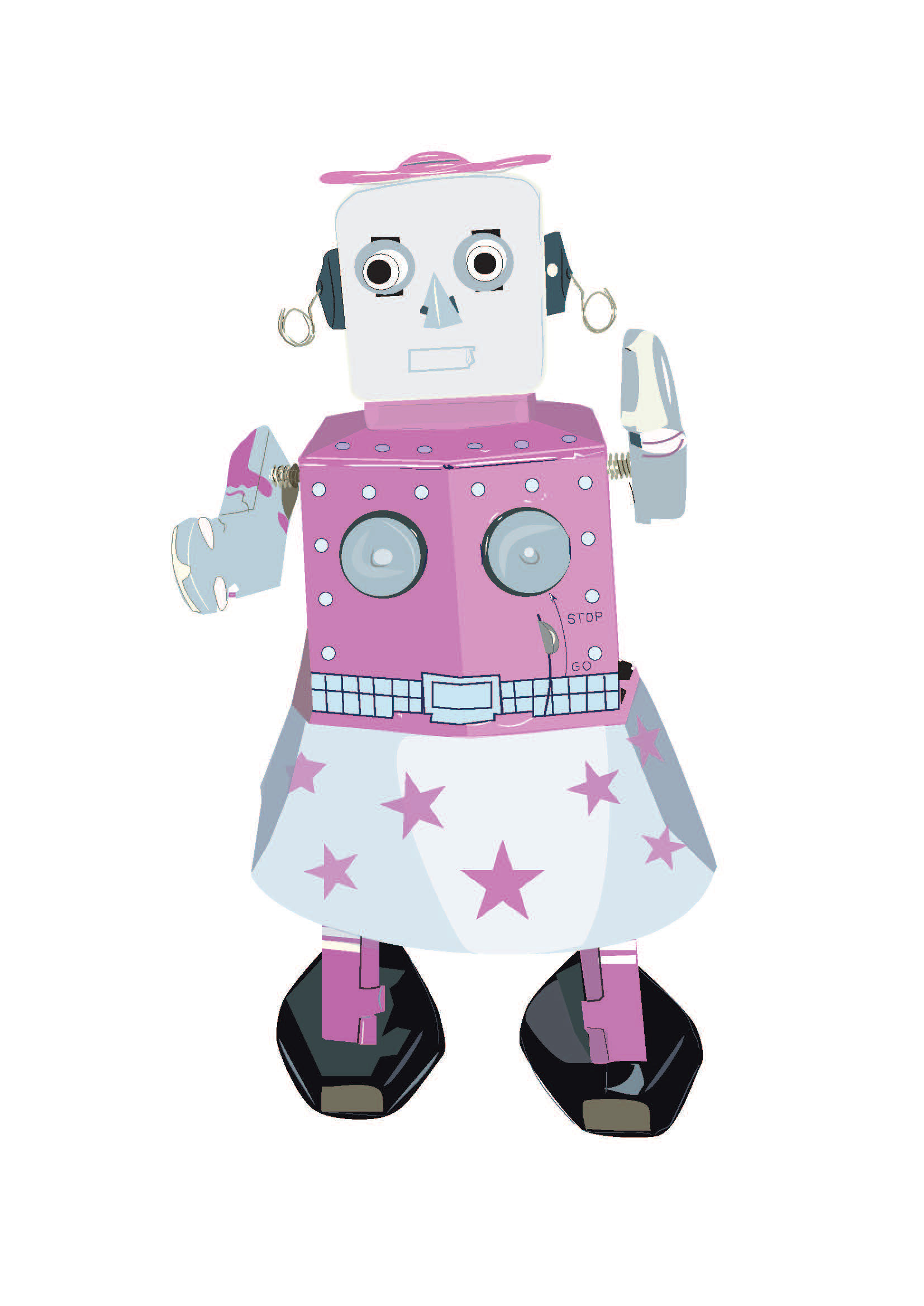 Digital Illustration of  female vintage tin toy robot, by Anderssen Creative.