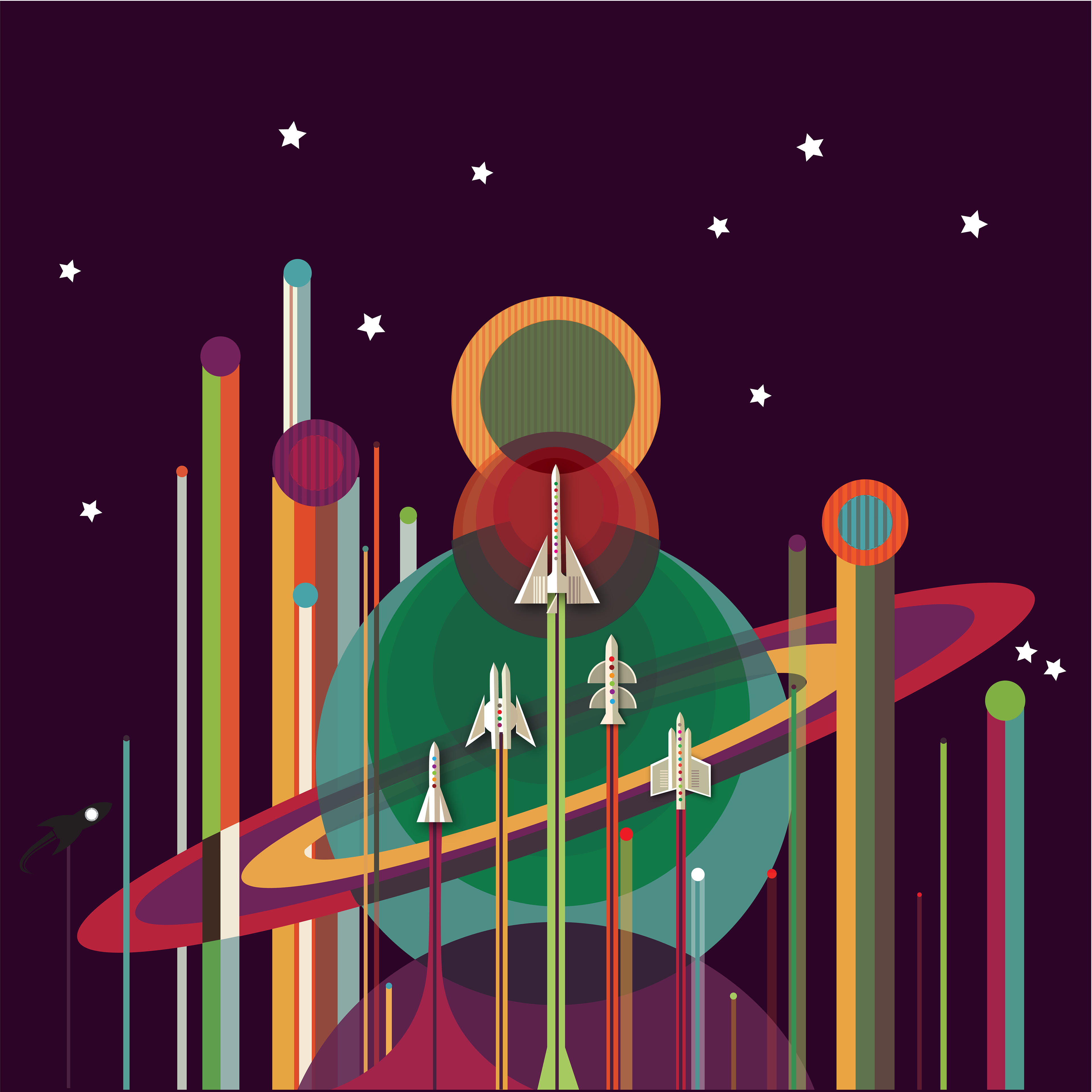 Digital Illustration of vintage NASA Space Race – rockets and shuttles blasting off, by Anderssen Creative.