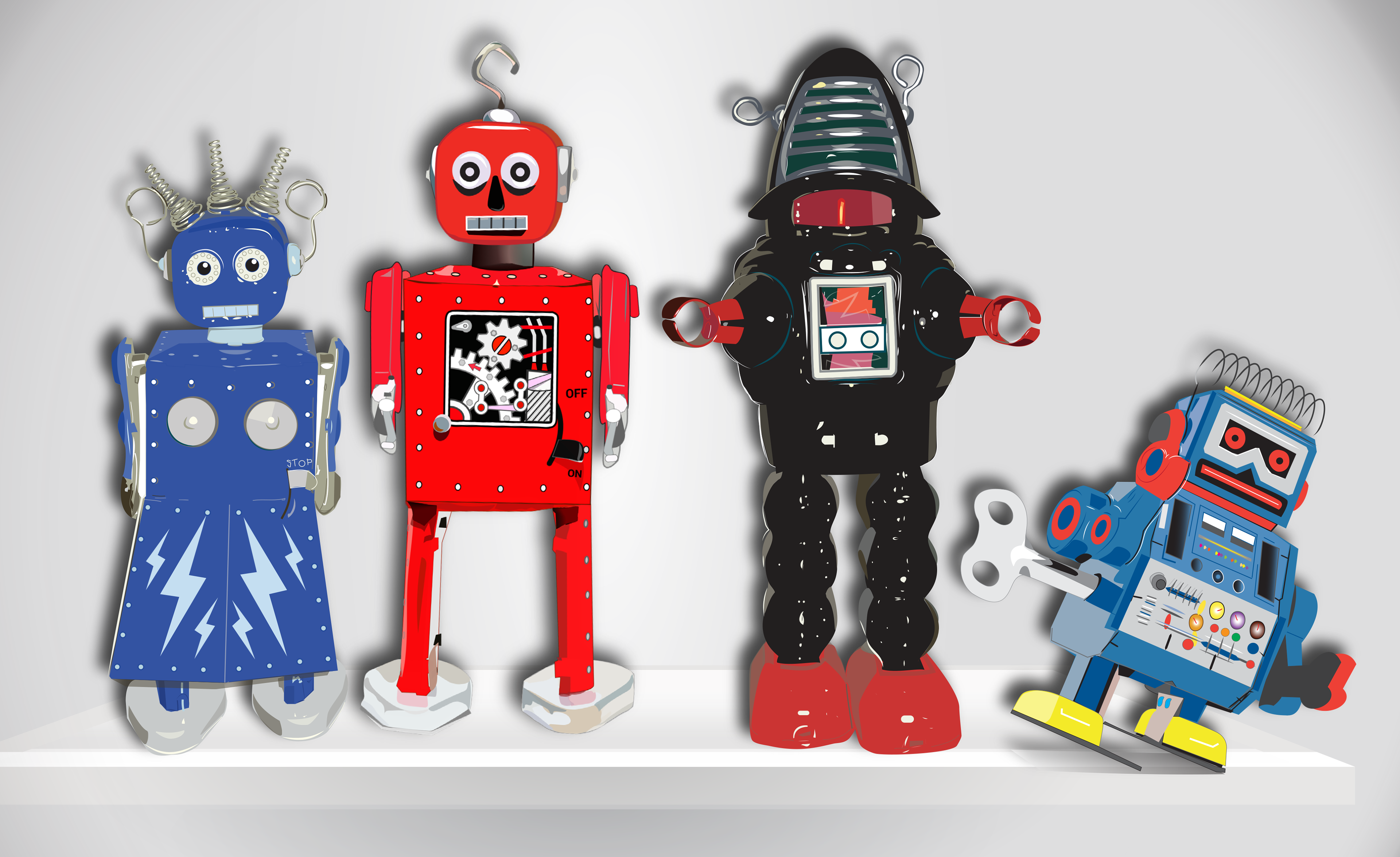 Digital Illustration of 4 vintage tin toy robots on a shelf, by Anderssen Creative.