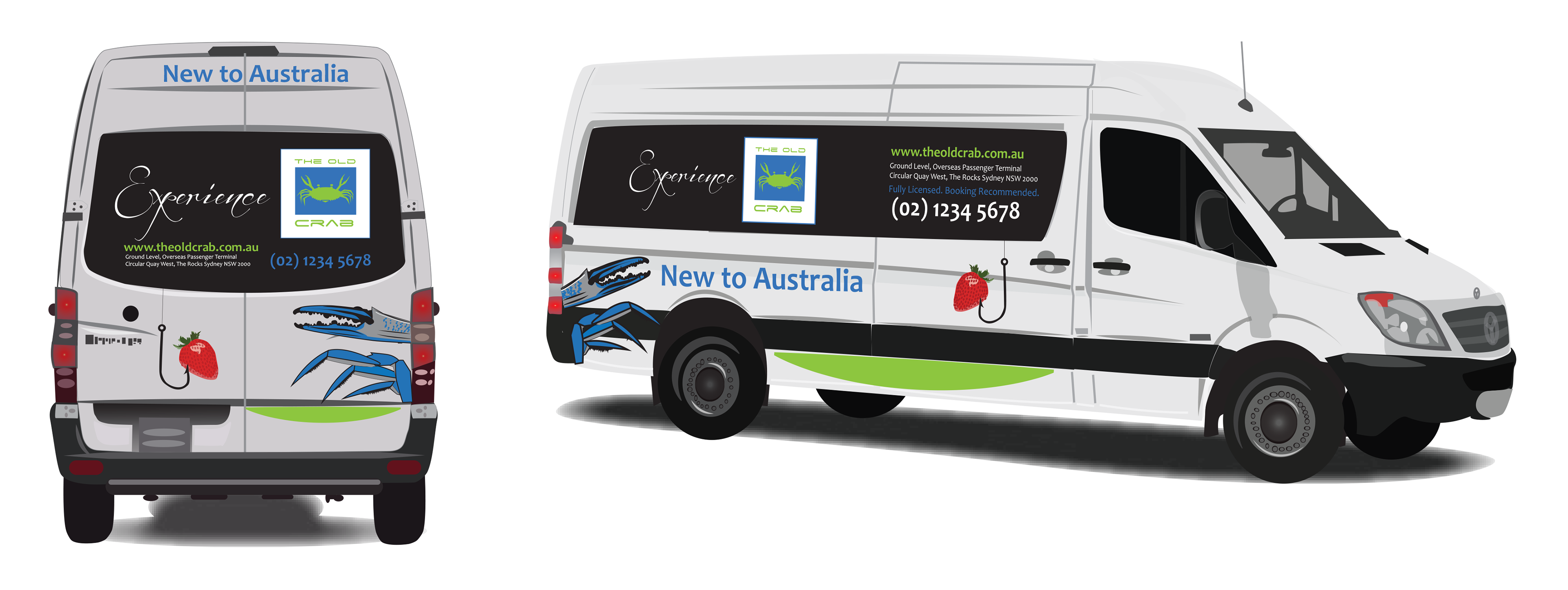 Digital illustration of a catering van, displaying a vehicle wrap of the logo of old crab restaurant, by Anderssen Creative. 