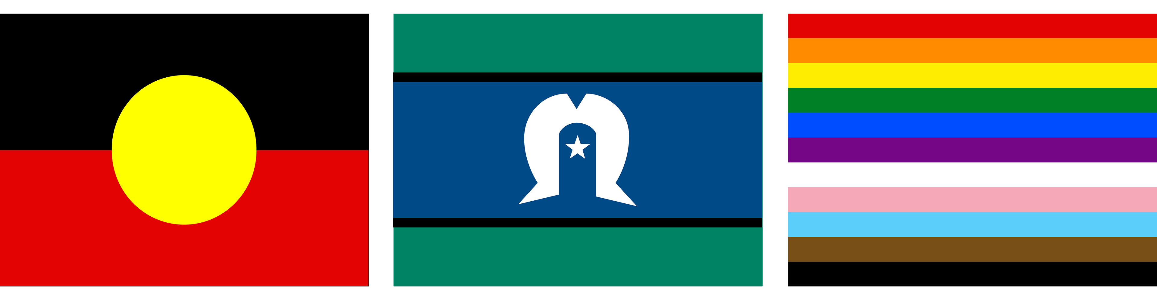 Aboriginal flag, Torres Strait Islander flag and LGBTIQA+ flag.